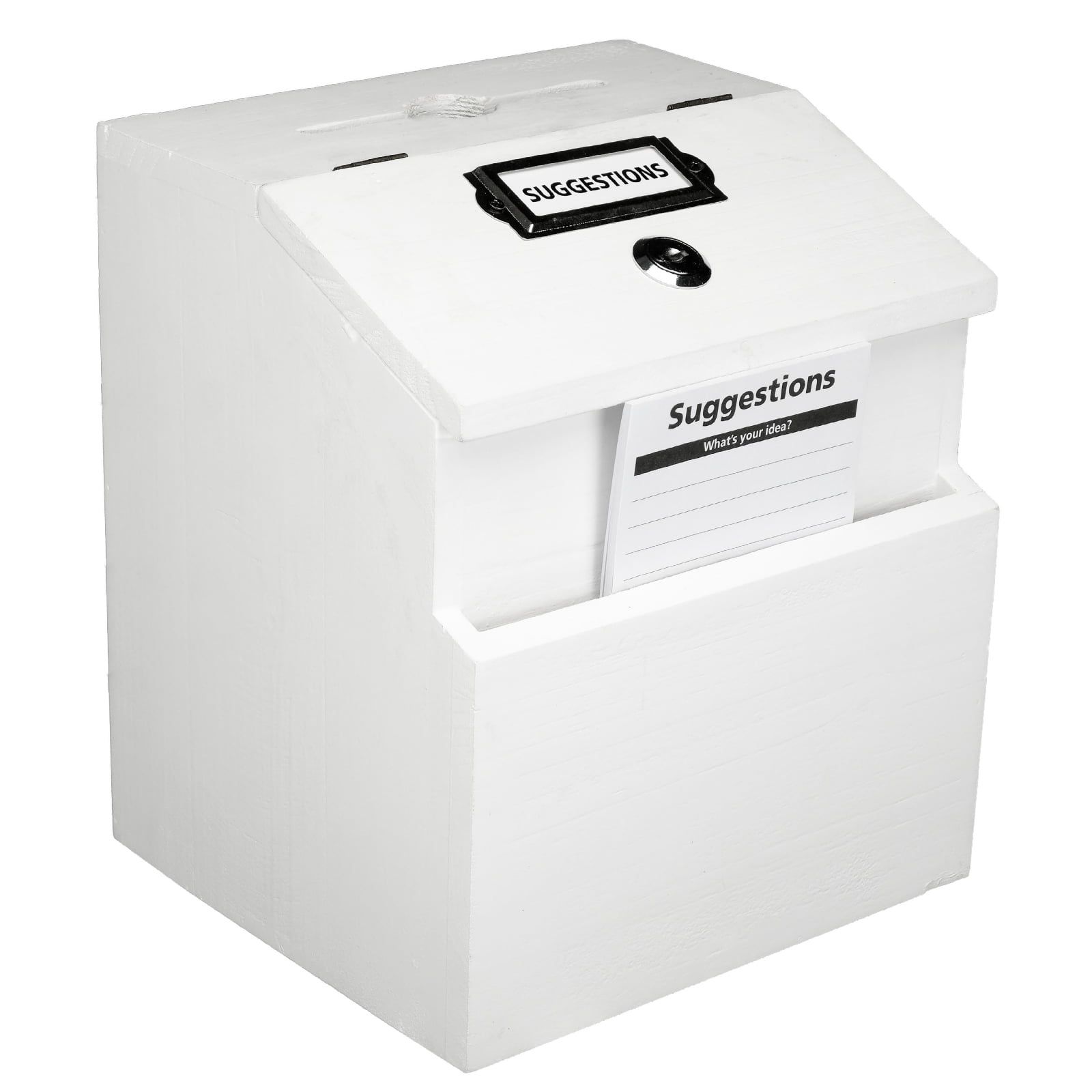 White Wooden Suggestion Box with Lock and Labels