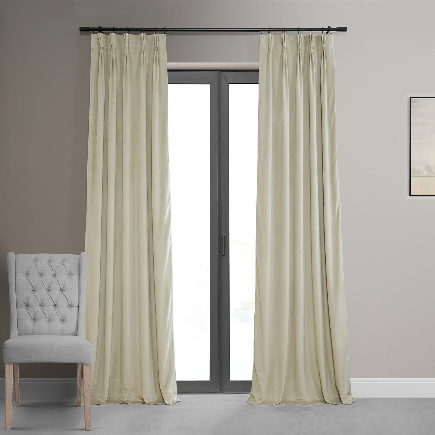 Cool Beige Velvet Blackout Pleated Curtain Panel 25x84