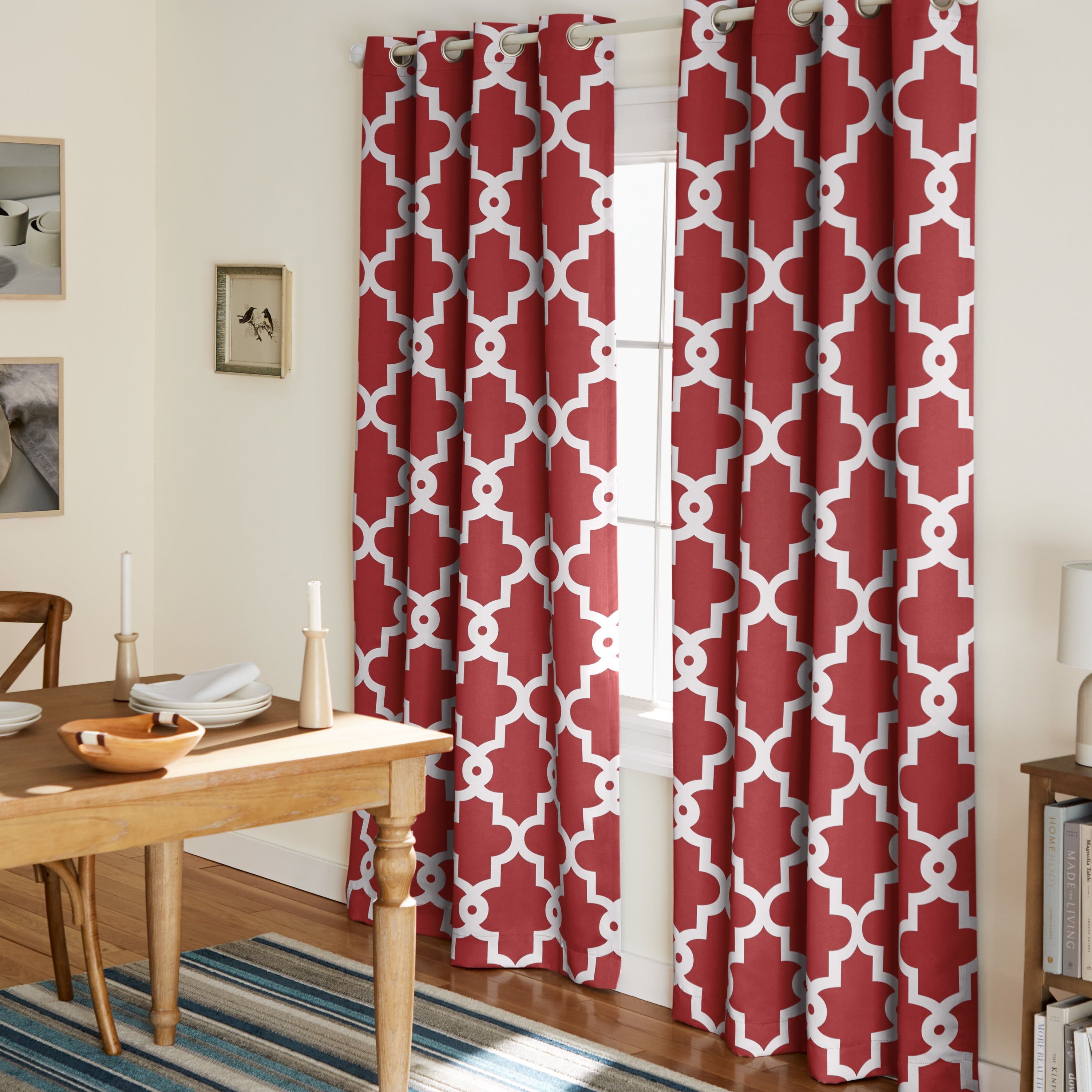 Burgundy and White Geometric Blackout Grommet Curtains