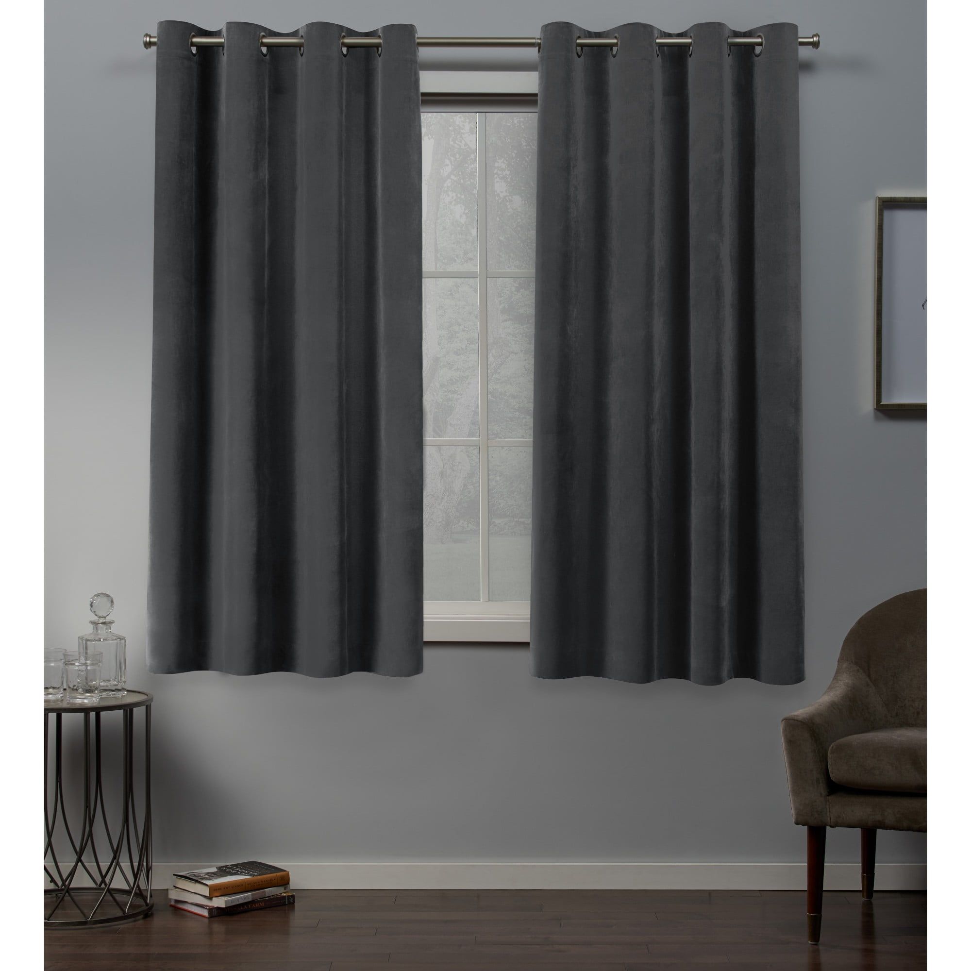 Soft Grey Velvet Light Filtering Grommet Curtain Panels, 54" x 63"