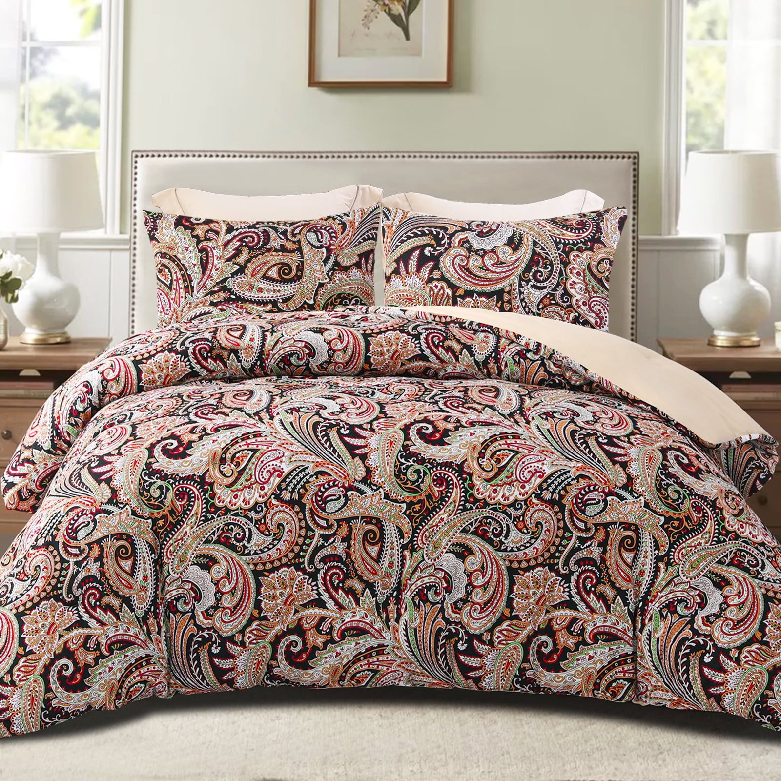 Paisley Black and Camel King Size Microfiber Quilt Set