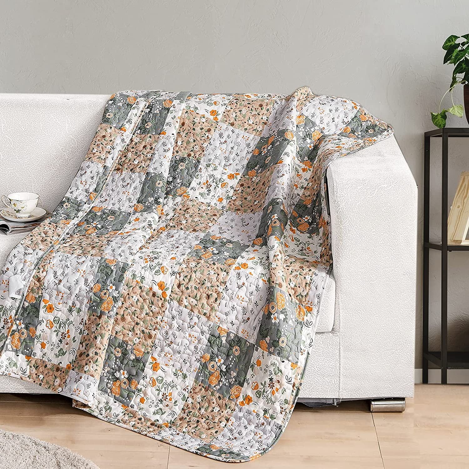 Camel Beige Microfiber Boho Patchwork Quilted Throw Blanket