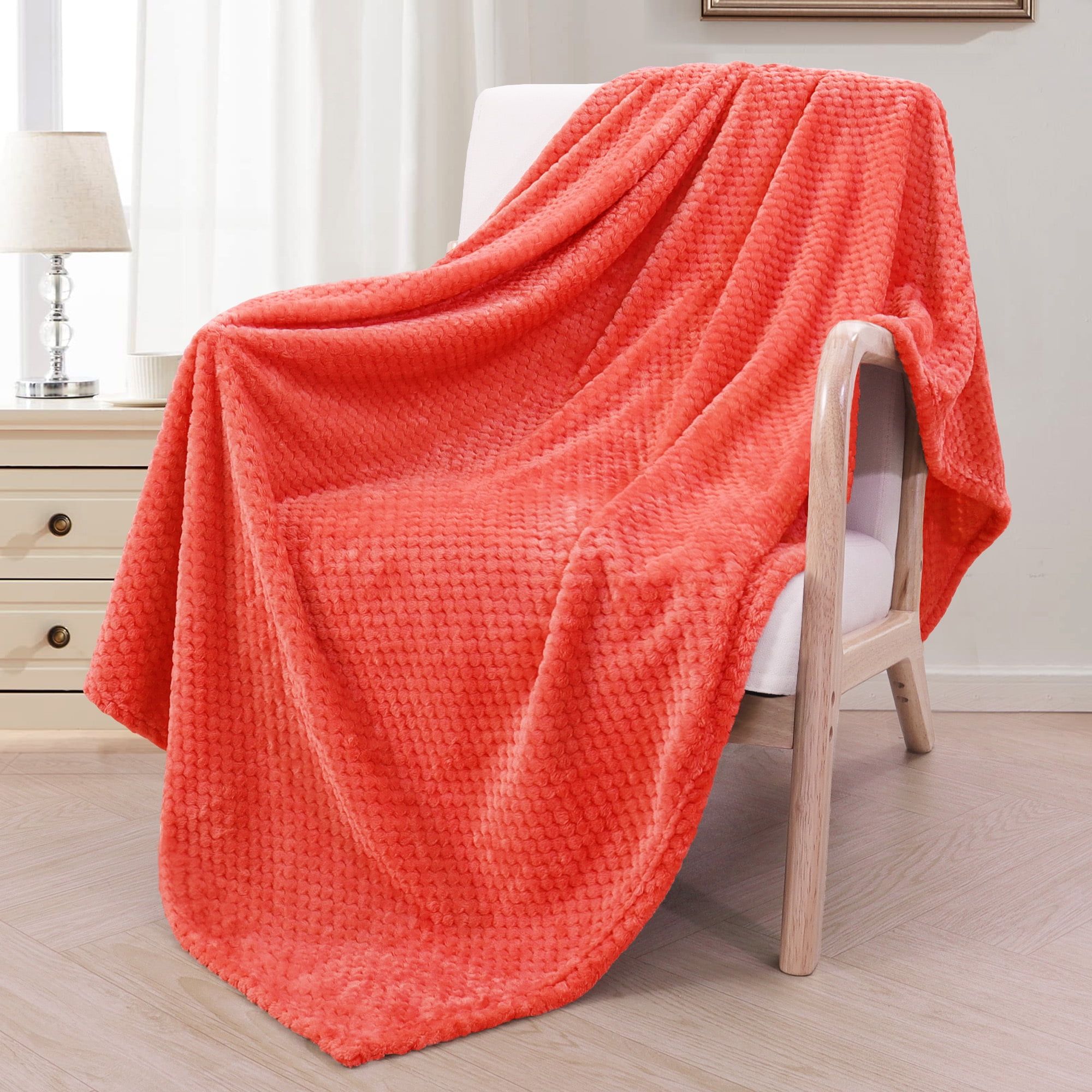 Coral Orange Waffle Textured Fleece Throw Blanket, 50"x70"