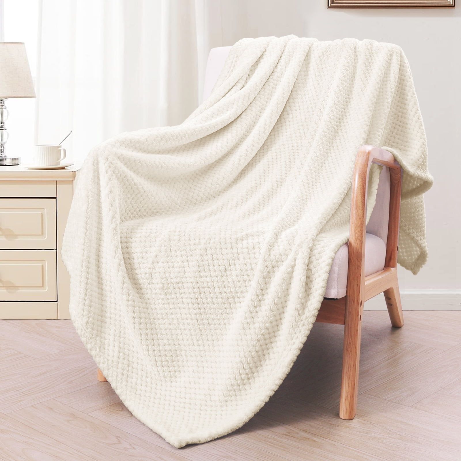 Off-White Waffle Textured Extra Large Fleece Throw Blanket