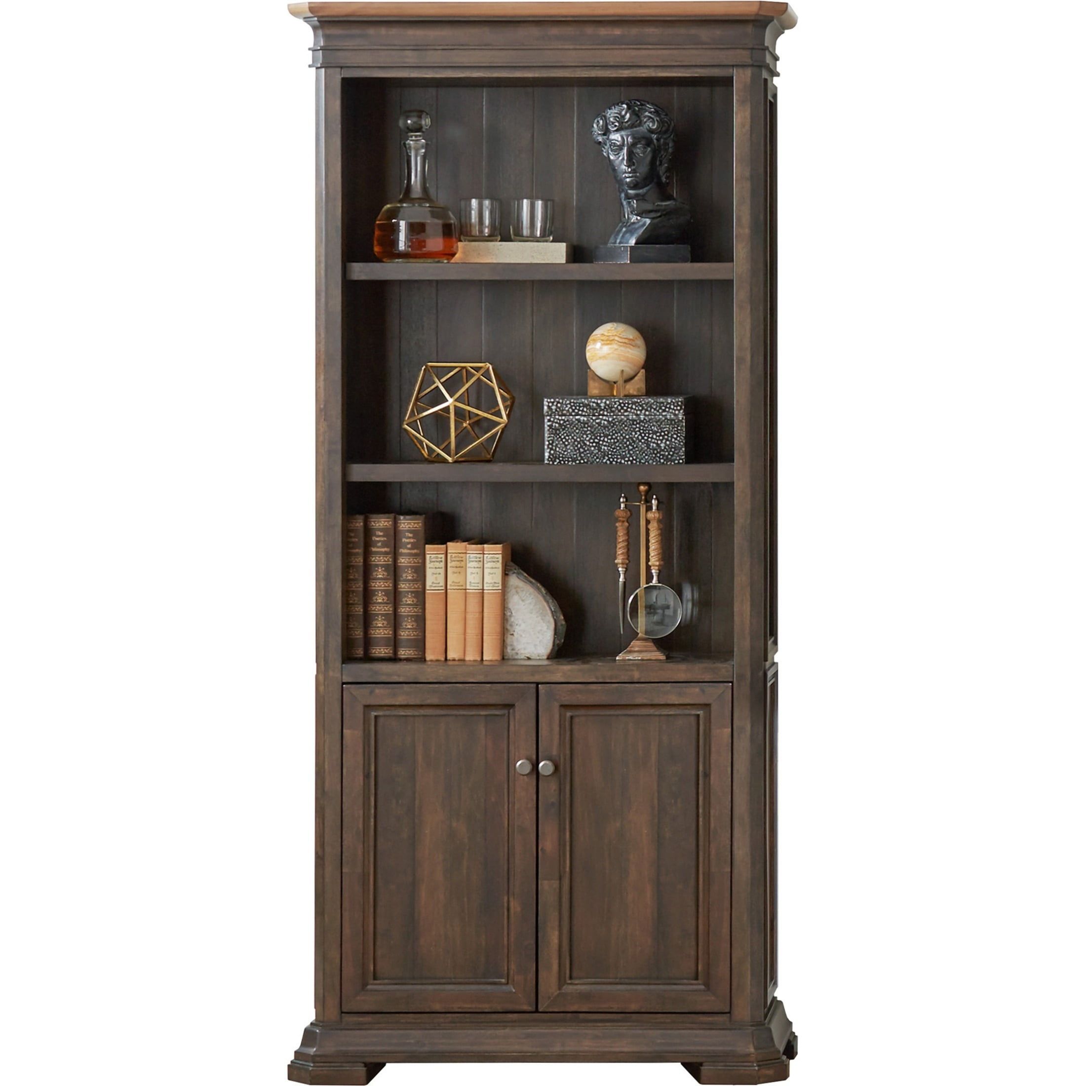 78" Brown Wood Bookcase with Doors and Adjustable Shelves