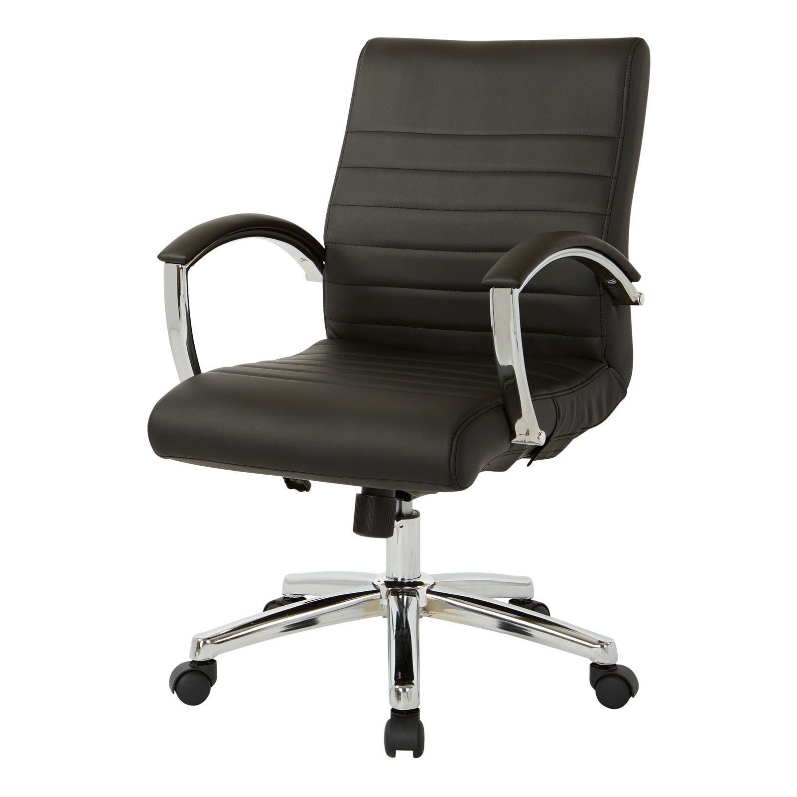 Executive Low Back Swivel Chair in Black Faux Leather with Chrome Arms