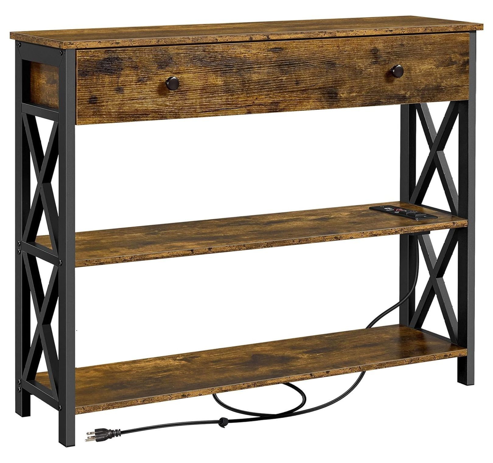 Rustic Brown Wood Console Table with Charging Station and Storage