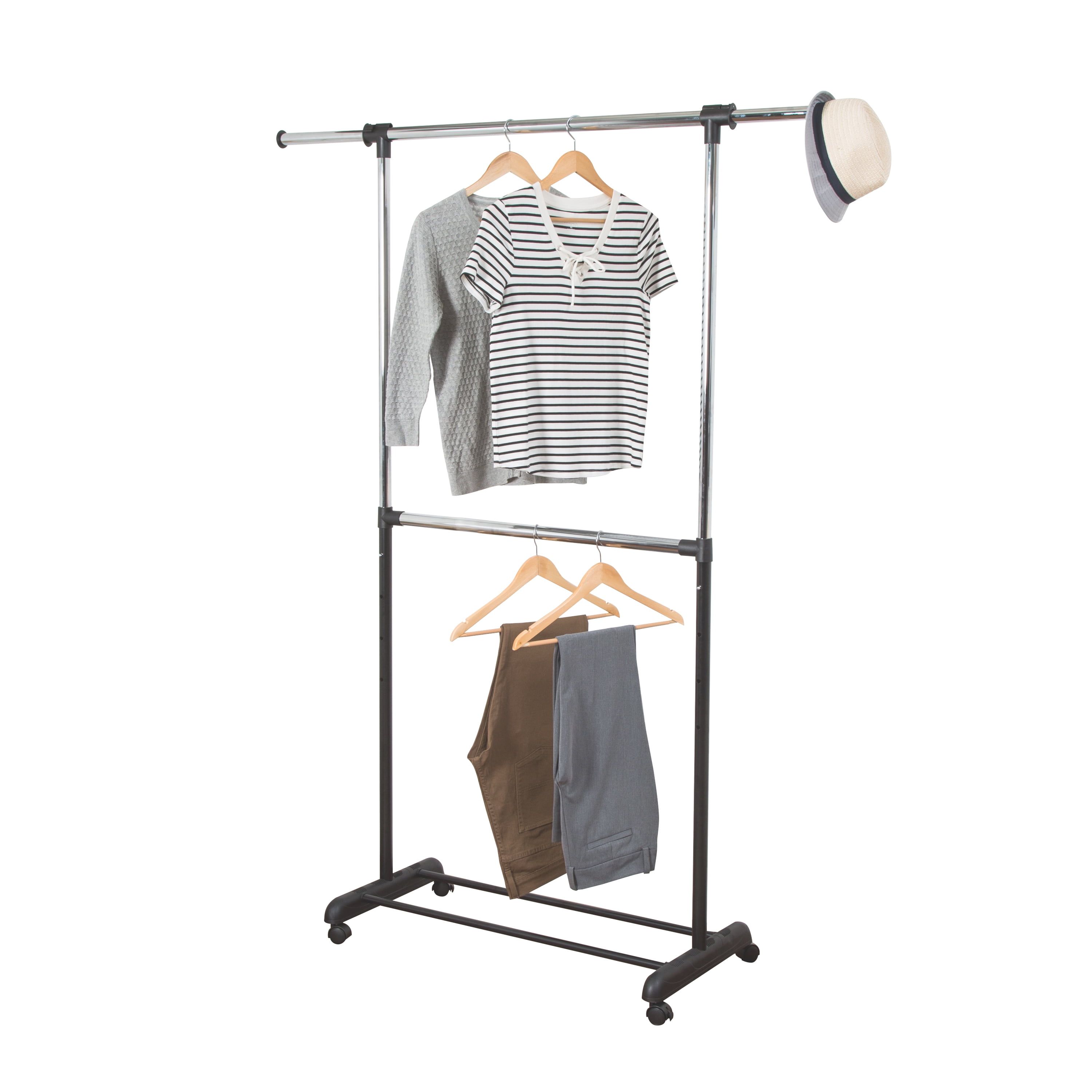 Chrome and Black Expandable Dual Rod Garment Rack with Wheels