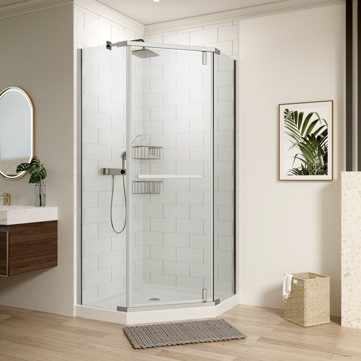 Chrome Semi Frameless Neo-Angle Pivot Shower Door with Clear Glass