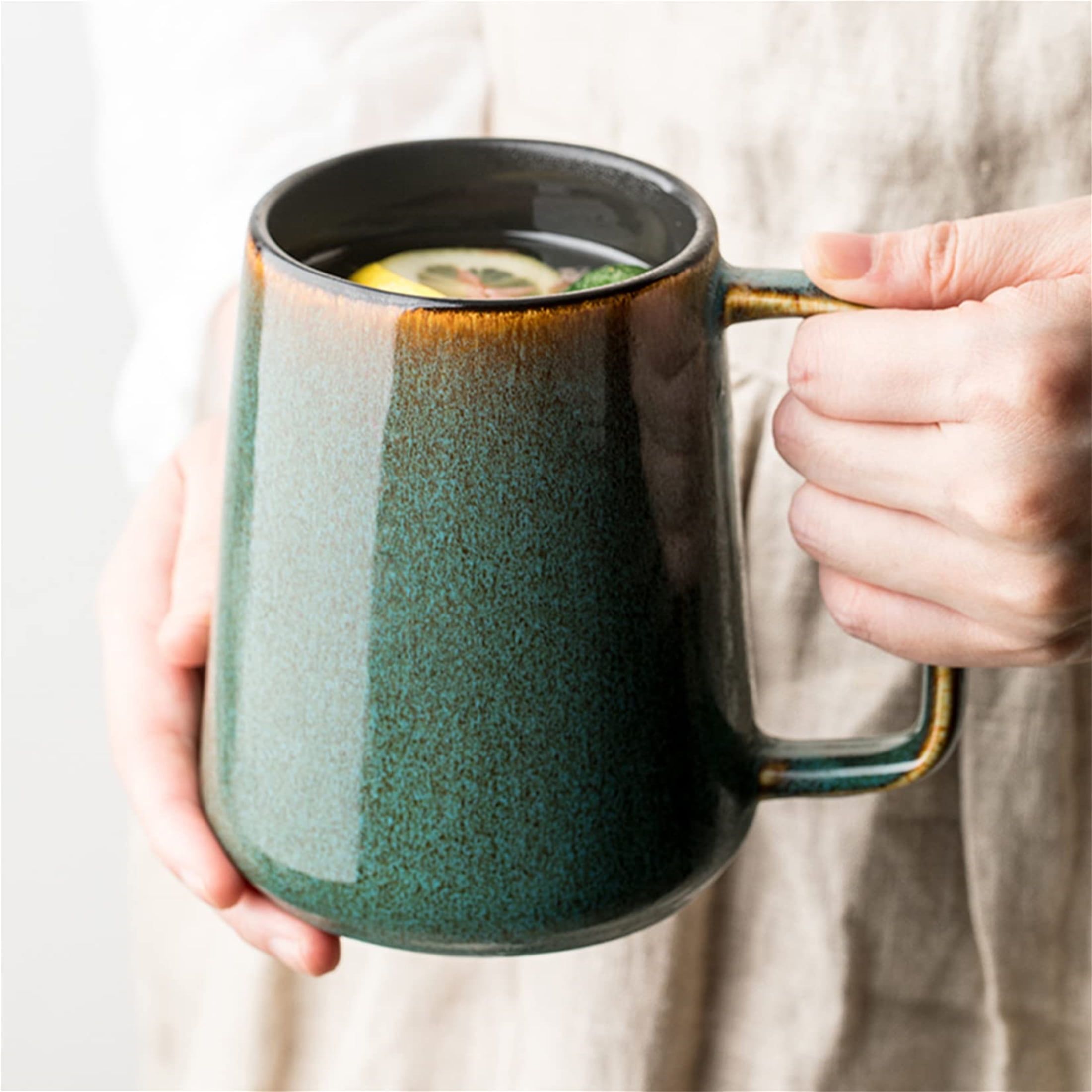 Green 24 oz Ceramic Coffee Mug with Large Handle