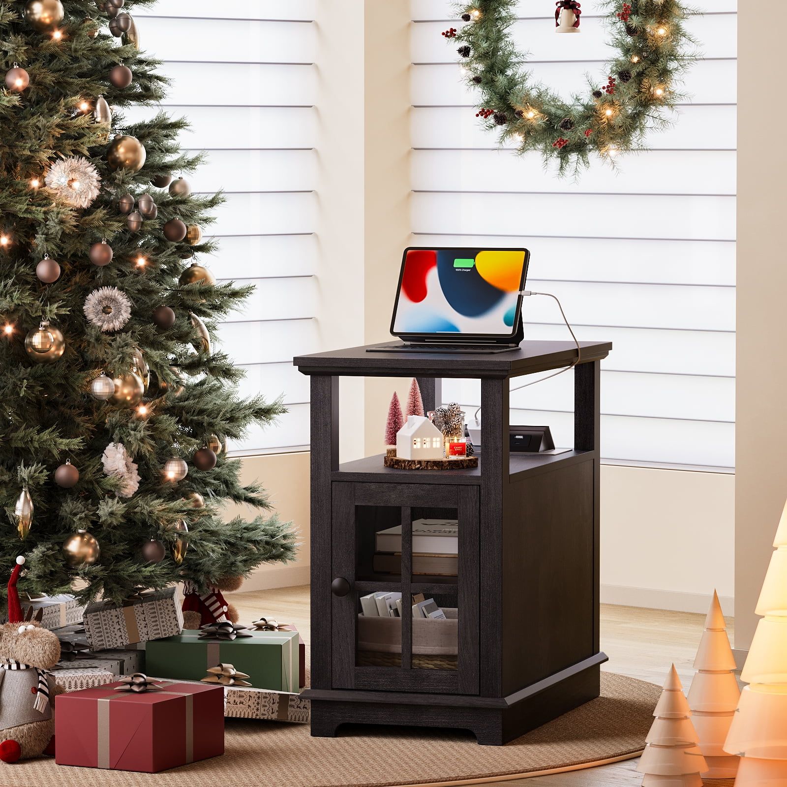 Blackgray Wood and Metal End Table with Charging Station and Storage