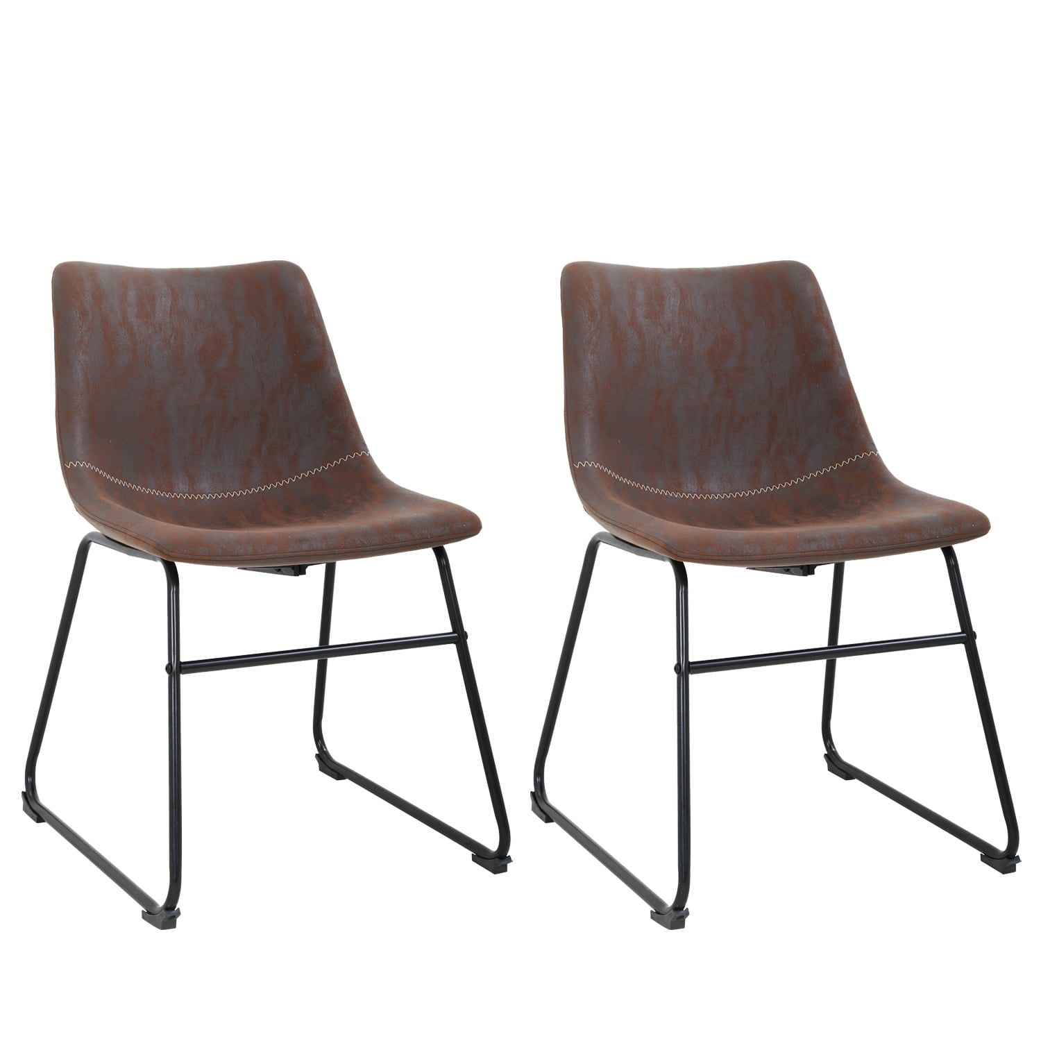 Set of 2 Brown Leather and Metal Barstools with Solid Back