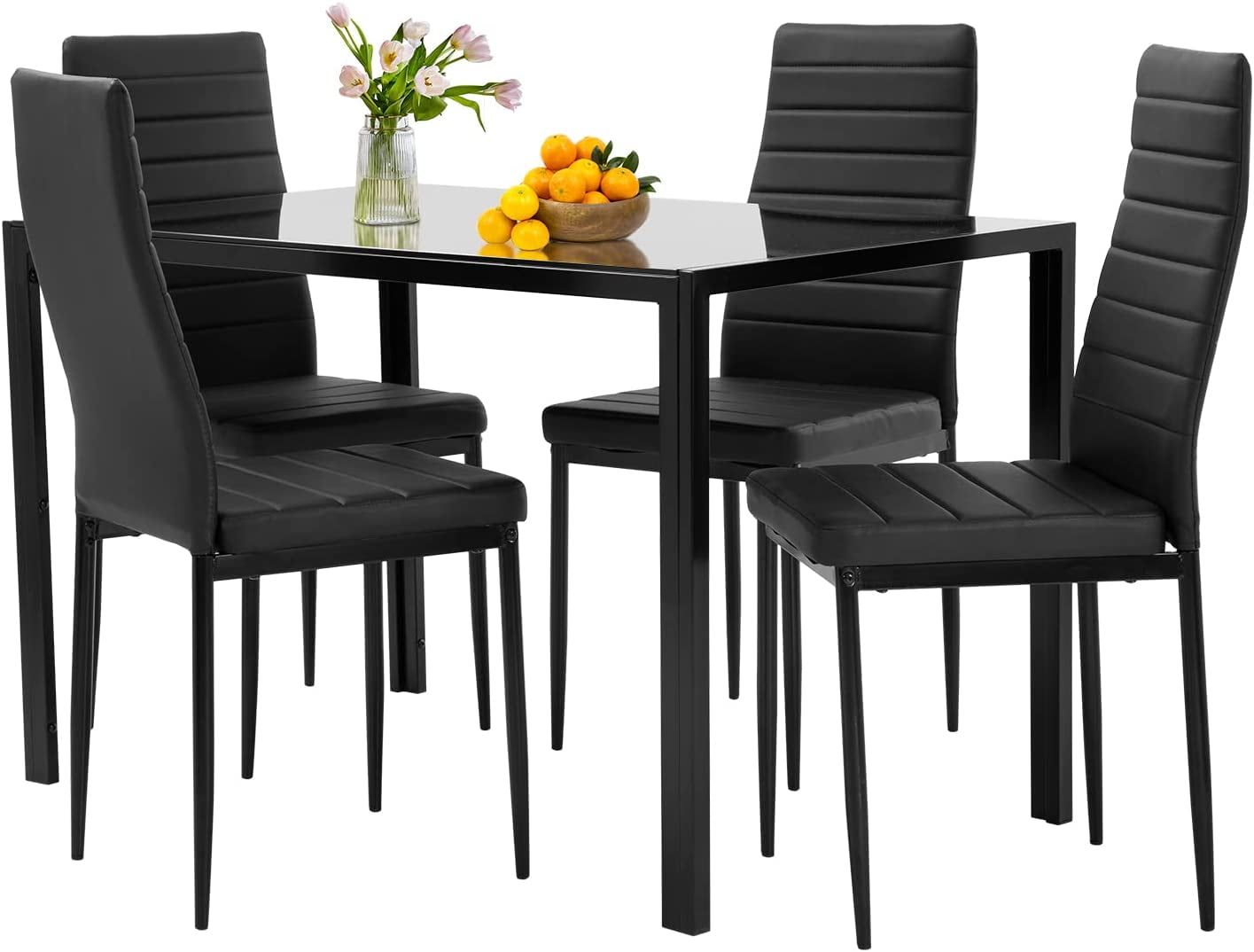 Black Glass Mid-Century Modern Dining Set with 4 Upholstered Chairs