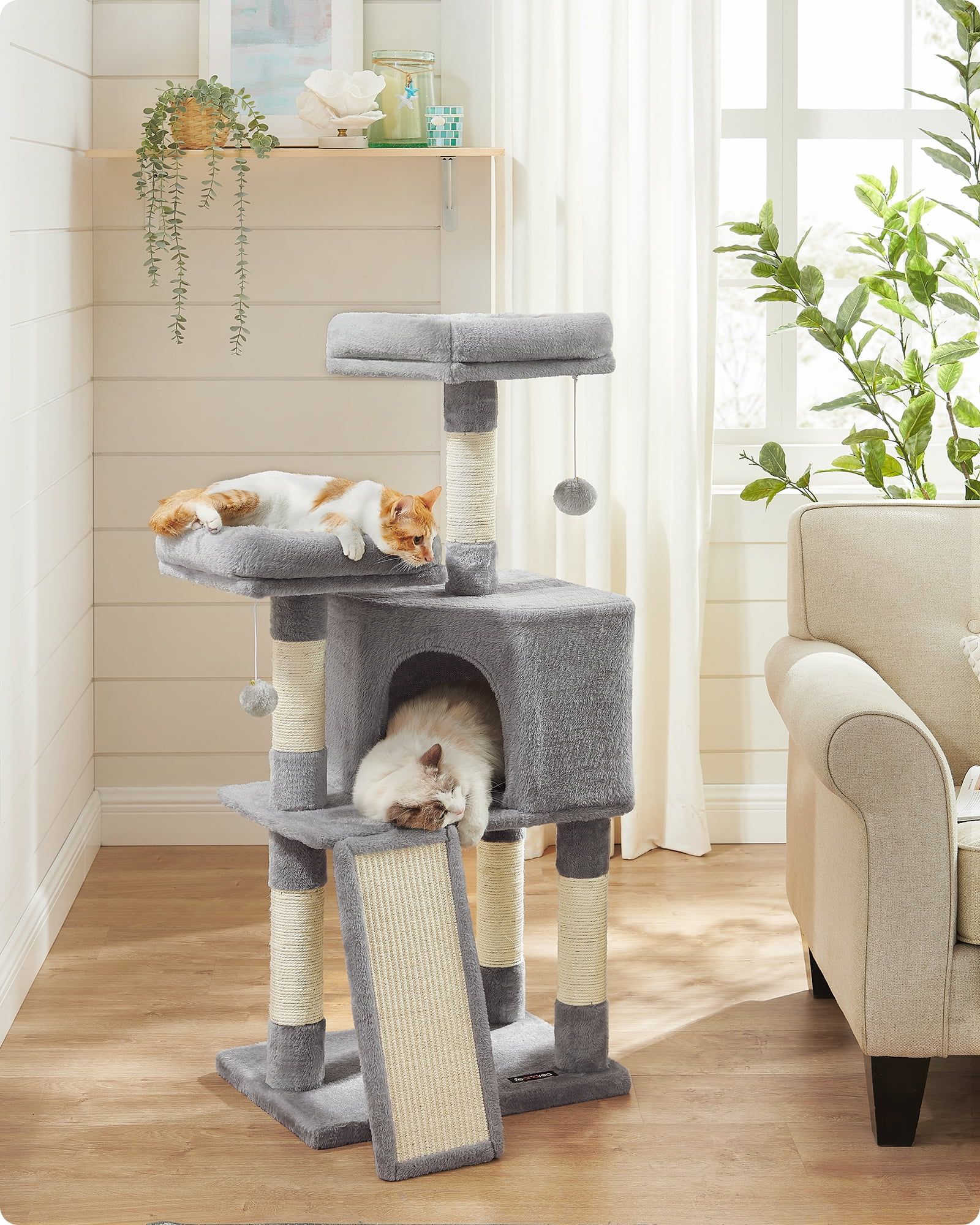 Light Gray Plush Cat Tree Tower with Sisal Scratching Posts