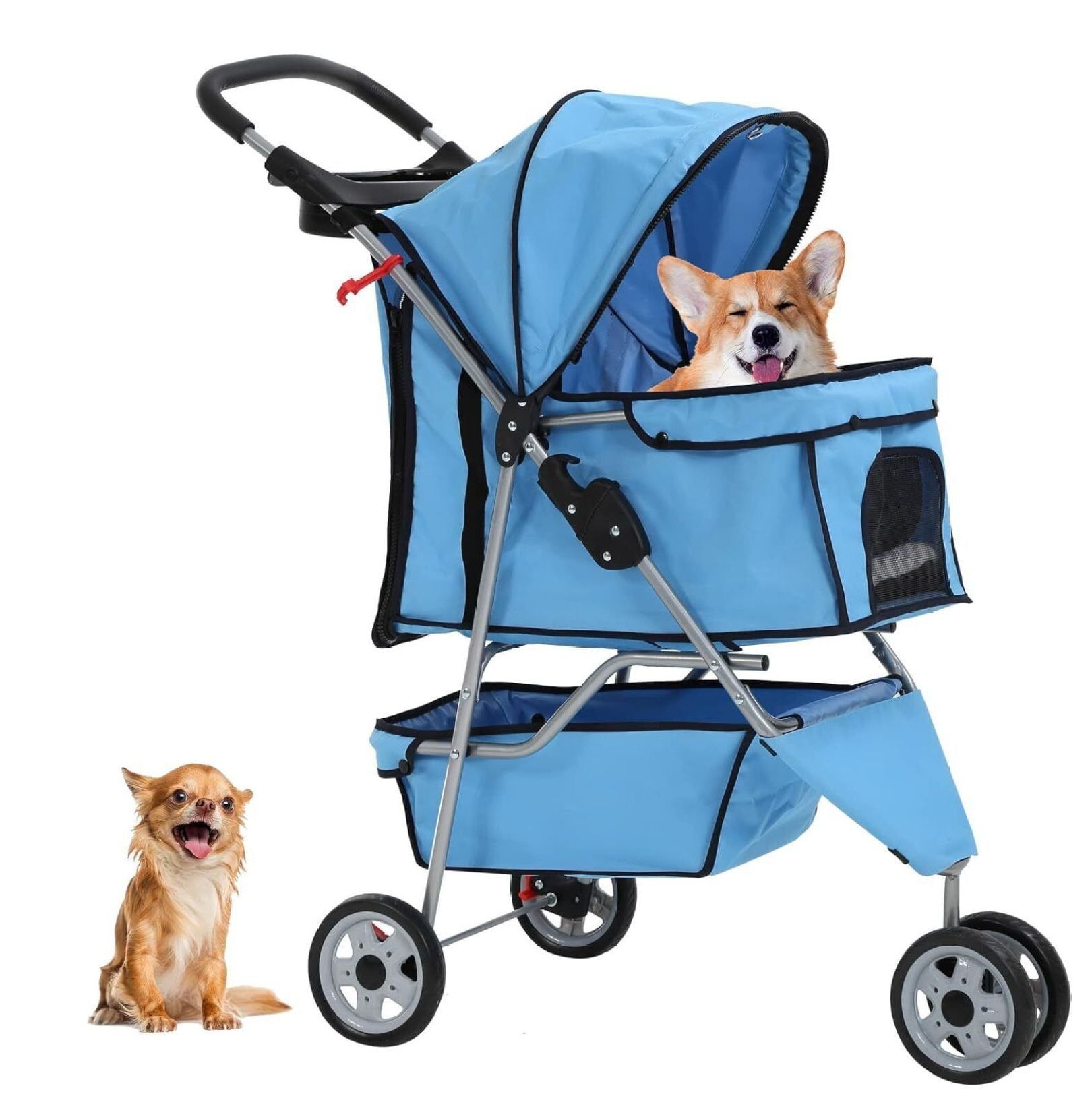 Blue 3-Wheel Travel Folding Pet Stroller with Storage Basket