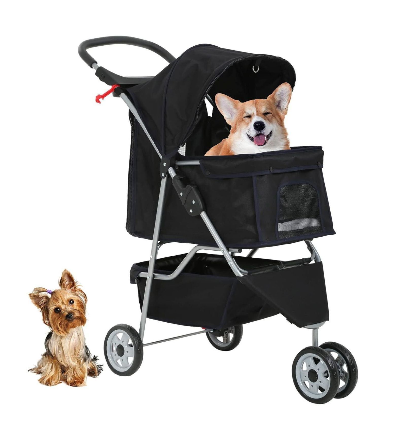 Black 3-Wheel Foldable Dog Stroller with Storage Basket