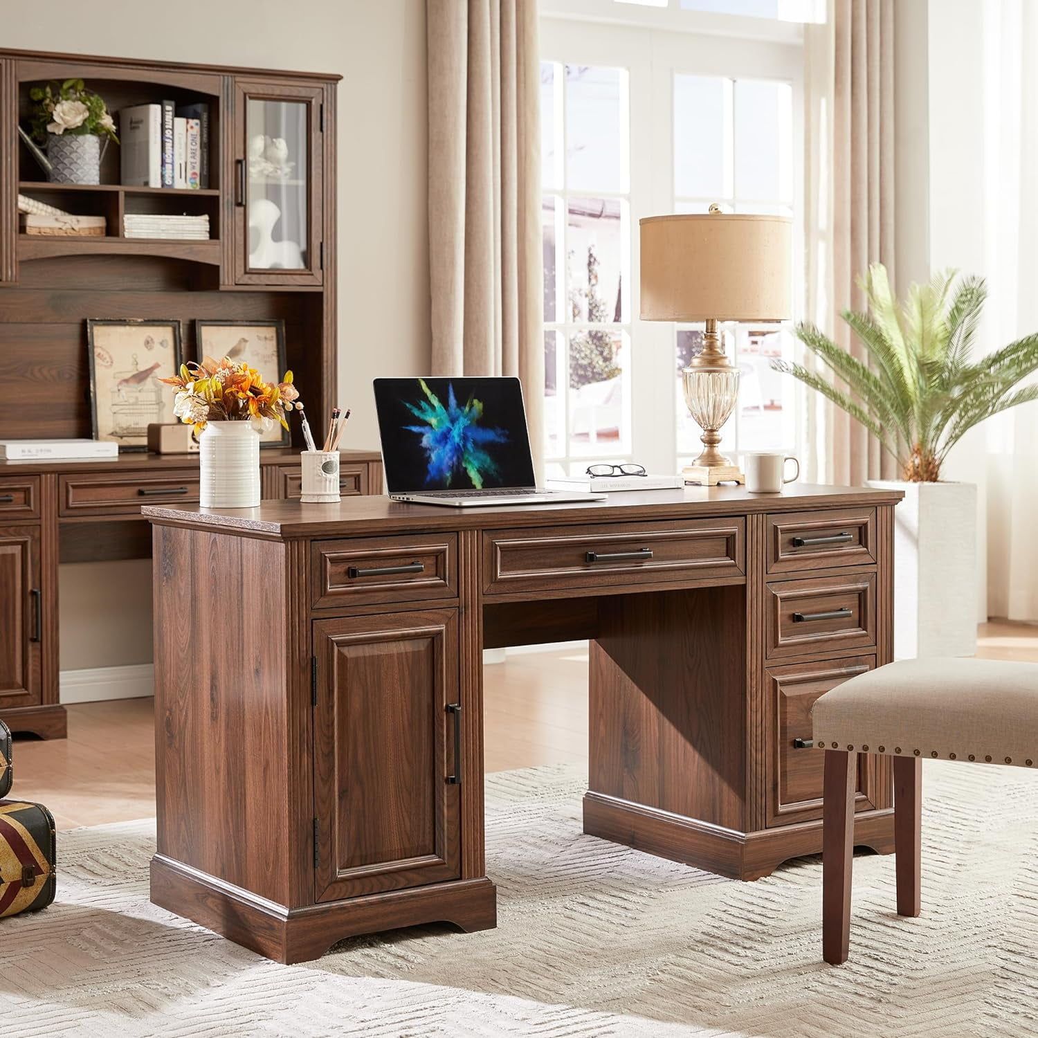 Dark Brown Farmhouse 58" Executive Desk with Drawers and Filing Cabinet