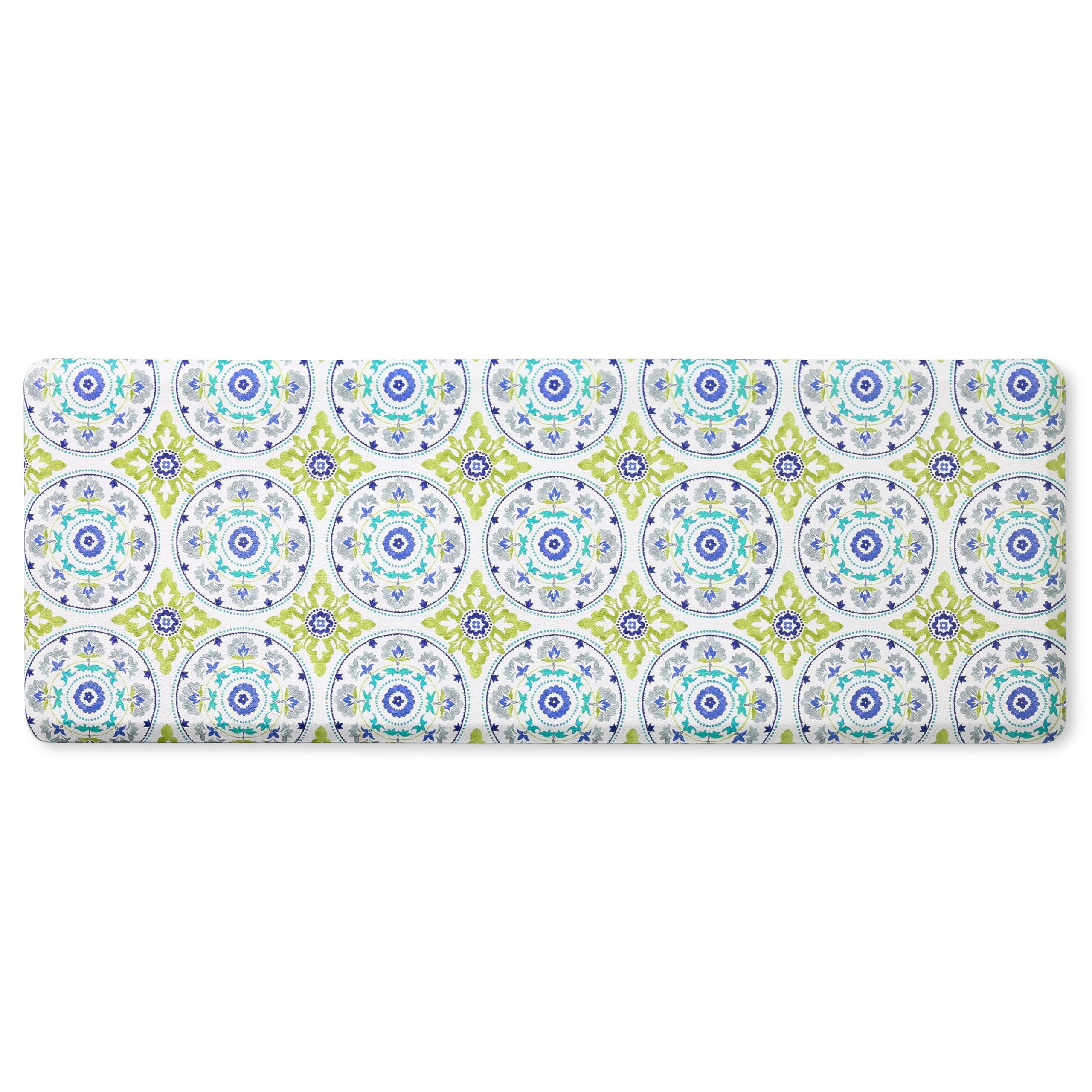 Blue Green White Geo Textured Anti-Fatigue Kitchen Runner Mat