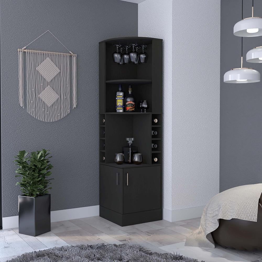 Delhi Black Engineered Wood Corner Bar Cabinet with Glass Rack