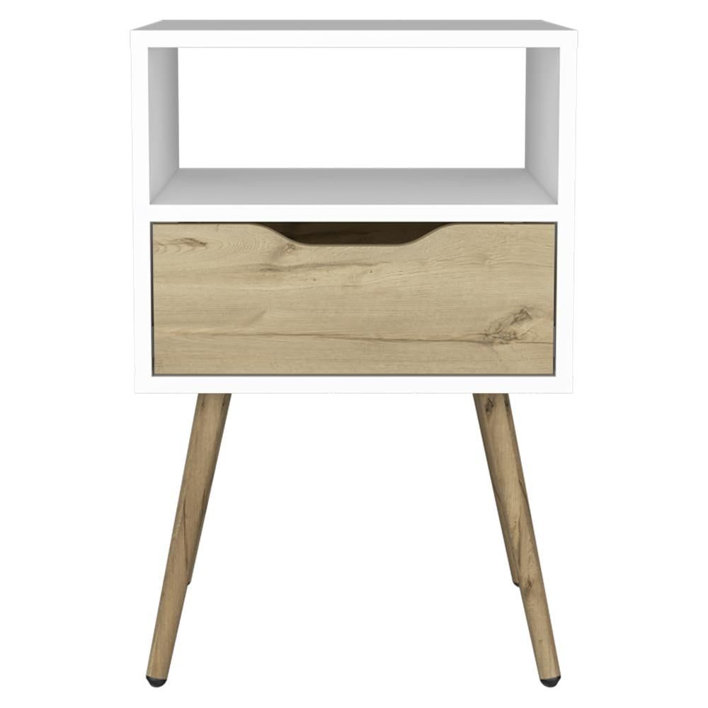 Allie Contemporary Nightstand with Drawer and Open Shelf, White & Light Oak