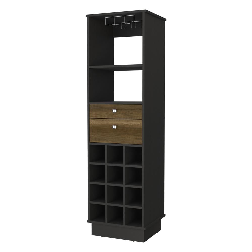 Black and Walnut Tall Bar Cabinet with Wine Storage