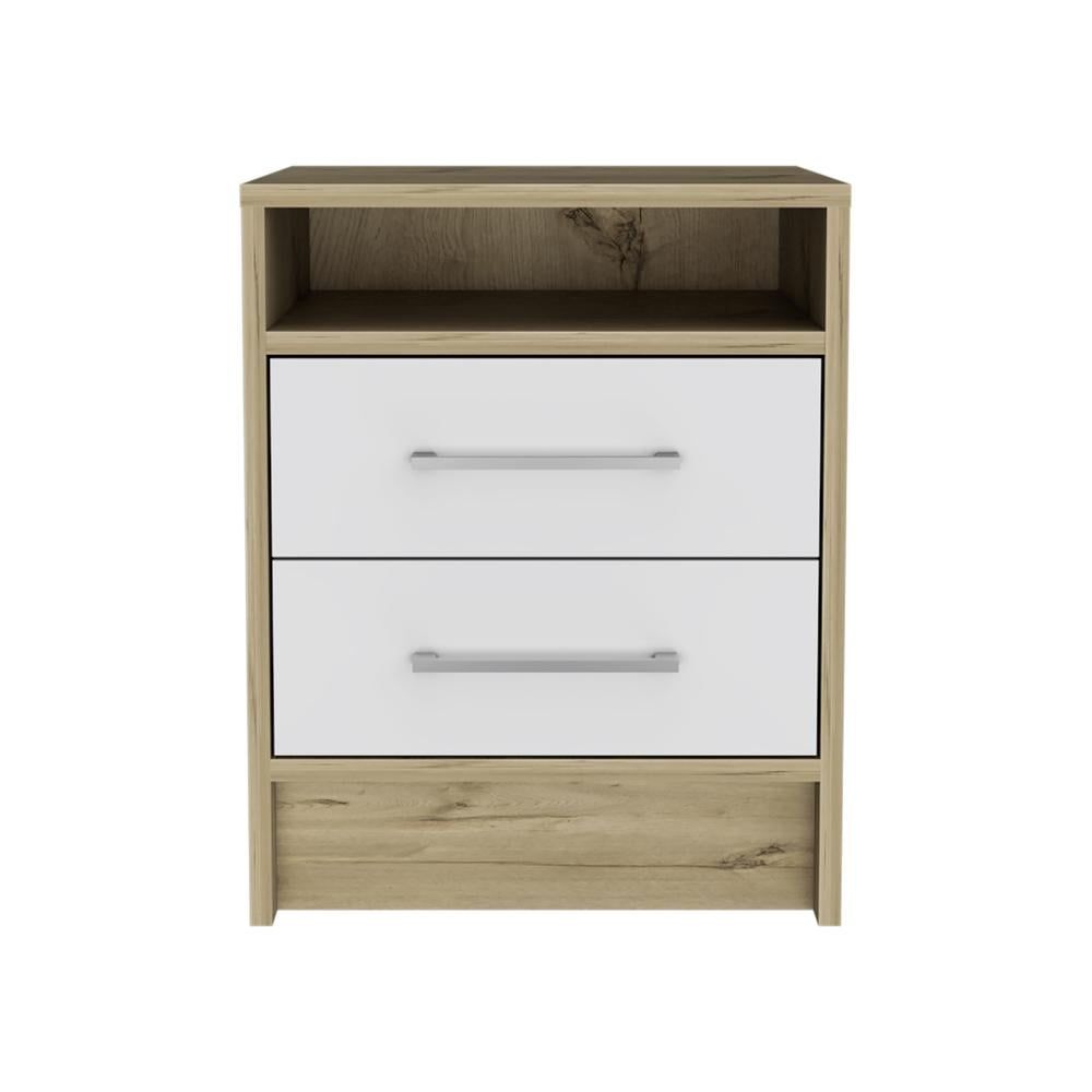 Philadelphia White and Light Oak 2-Drawer Nightstand with Concealed Shelf