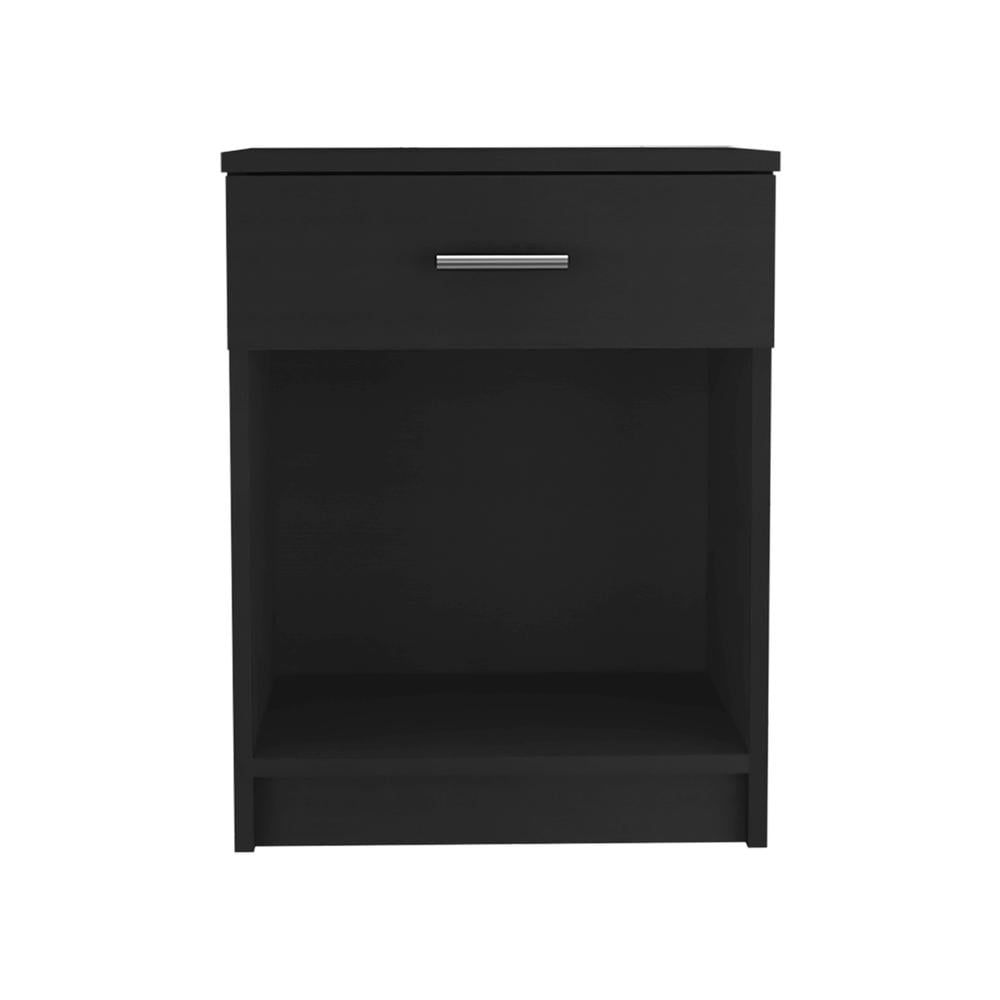 Black Particleboard Nightstand with Drawer and Shelf