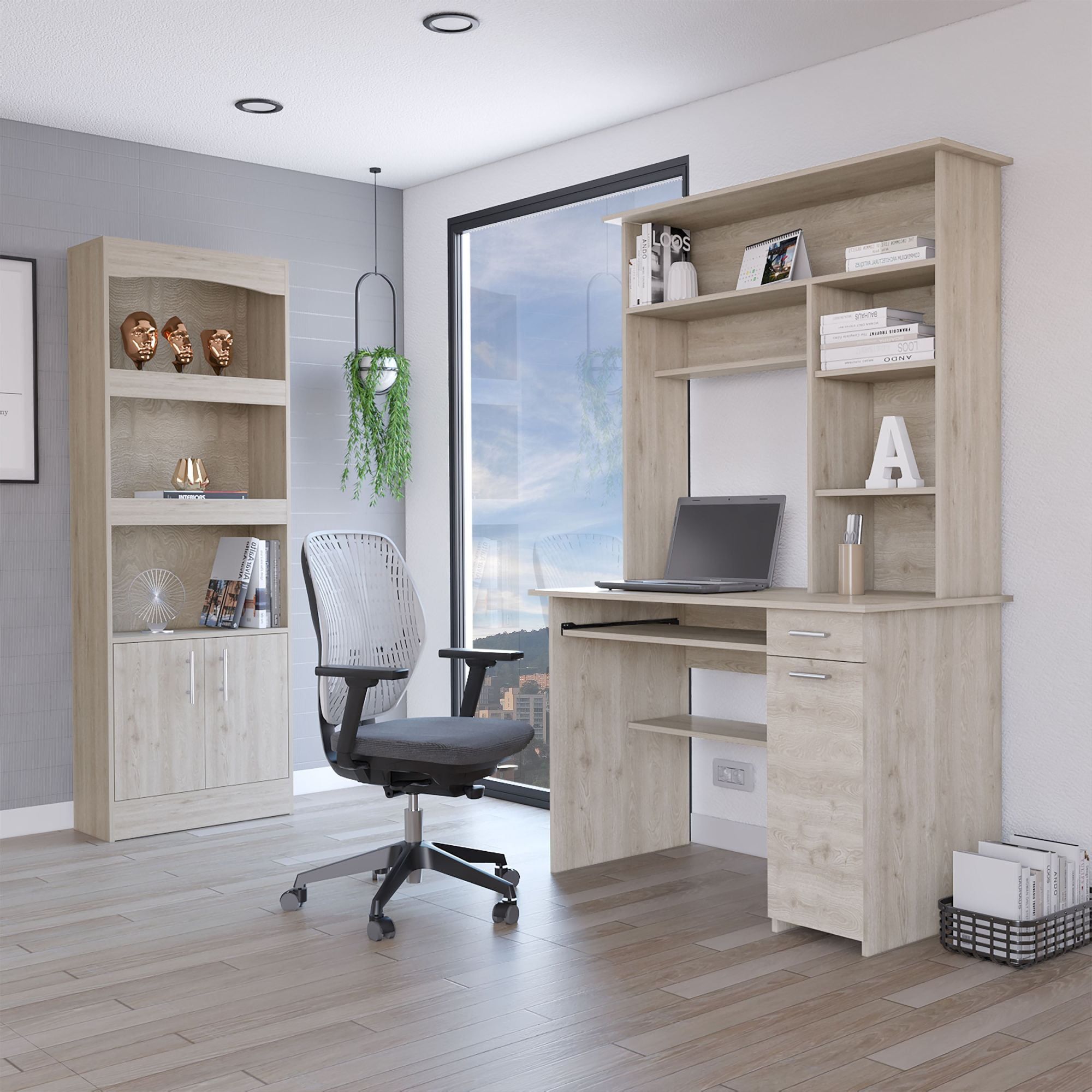 Tucson Light Gray Engineered Wood Office Desk and Bookcase Set