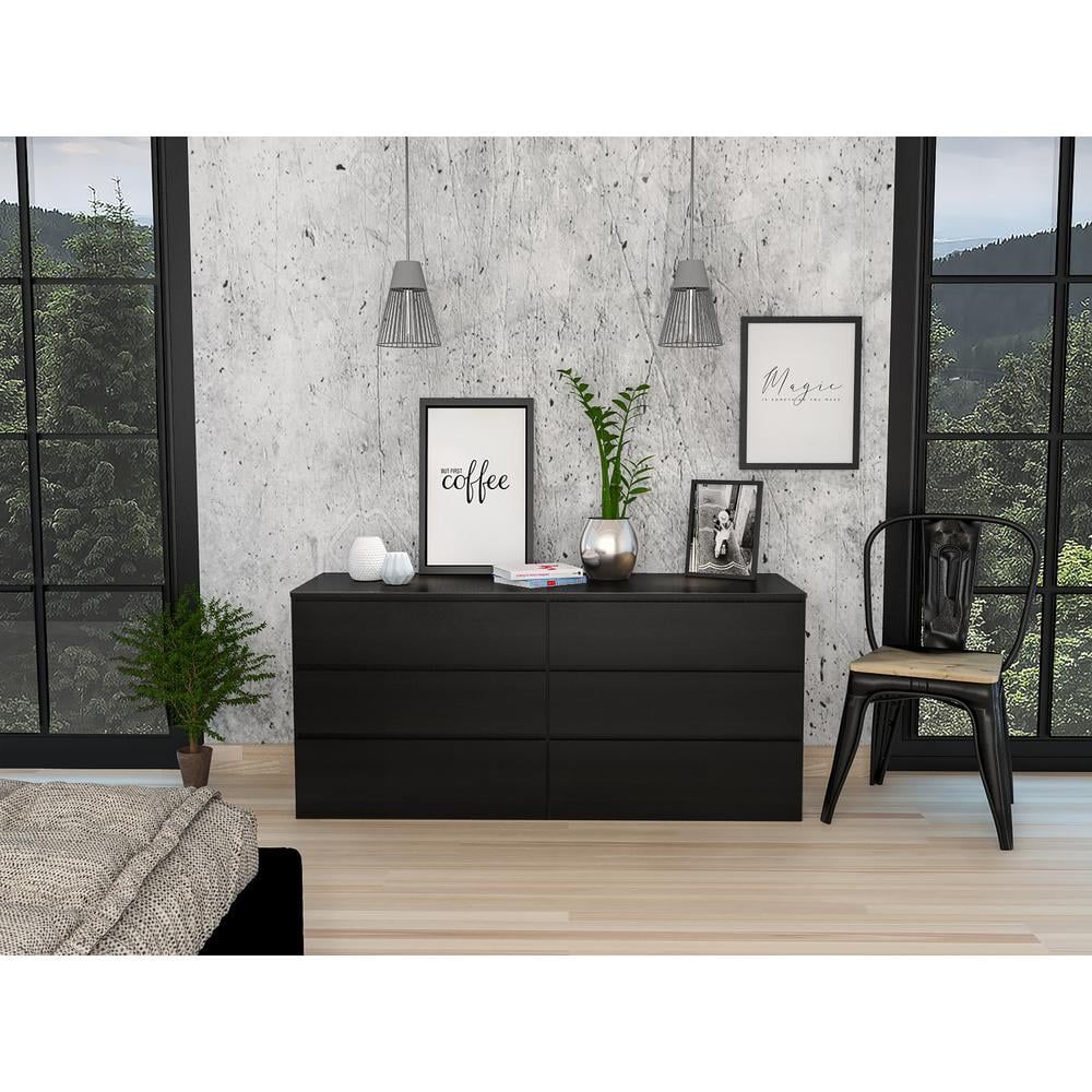 Elegant Black Double Dresser with 6 Spacious Drawers and Laminated Finish