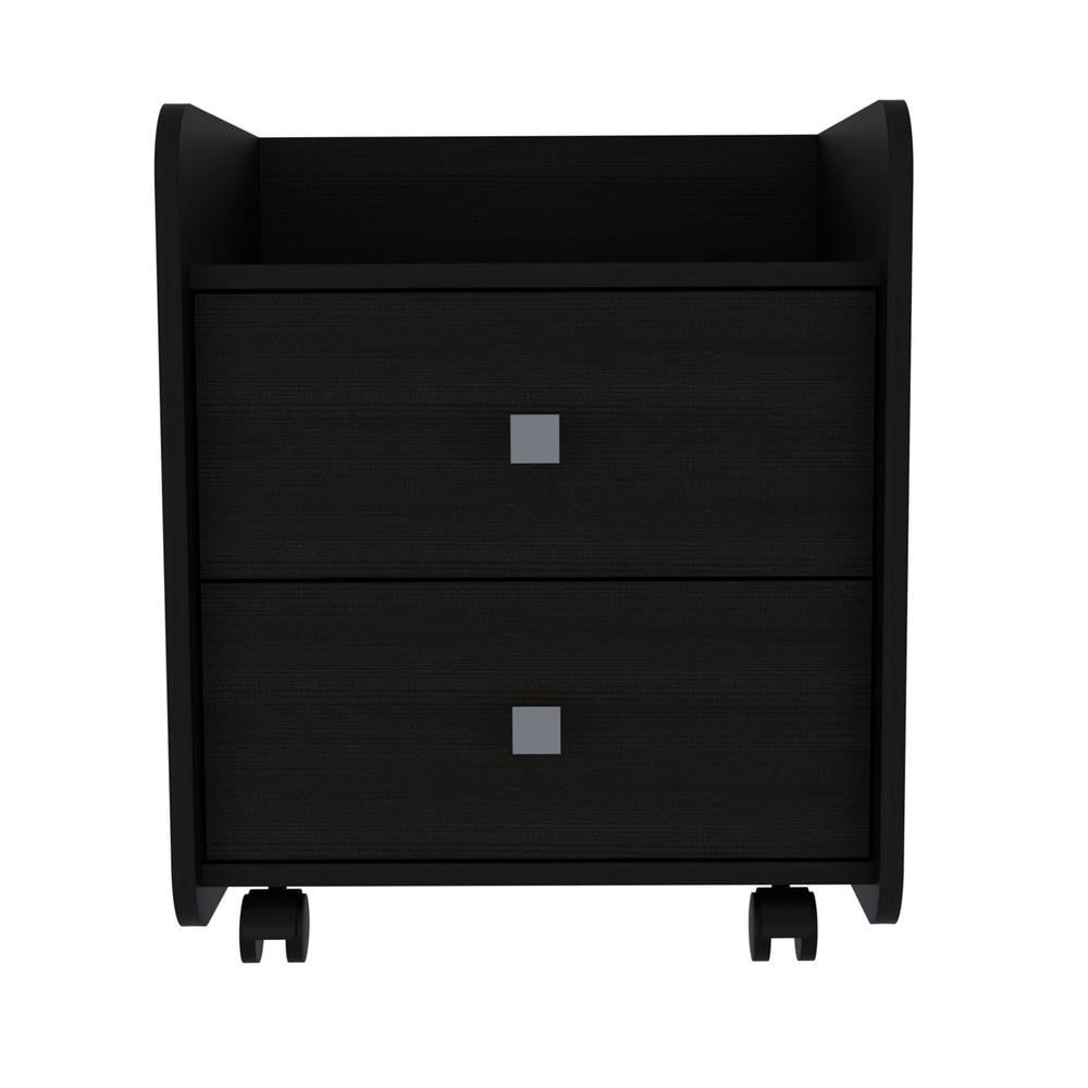 York Modern Black Wenge Wood Nightstand with 2 Drawers and Casters