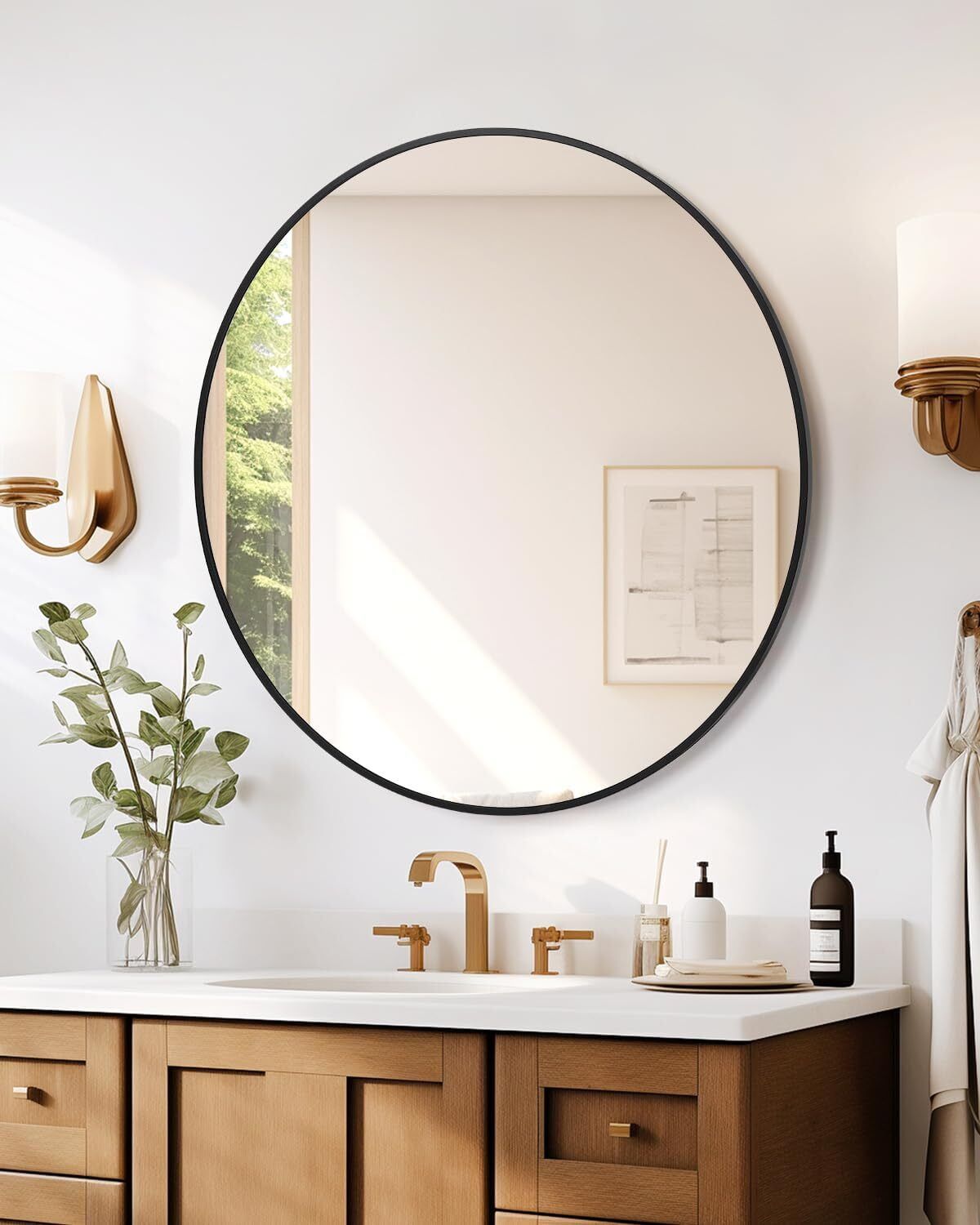 32-Inch Round Black Aluminum Framed Bathroom Mirror