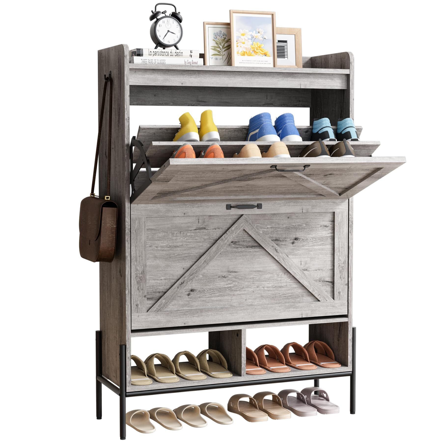 Gray MDF Freestanding Shoe Cabinet with Flip Drawers and Metal Legs