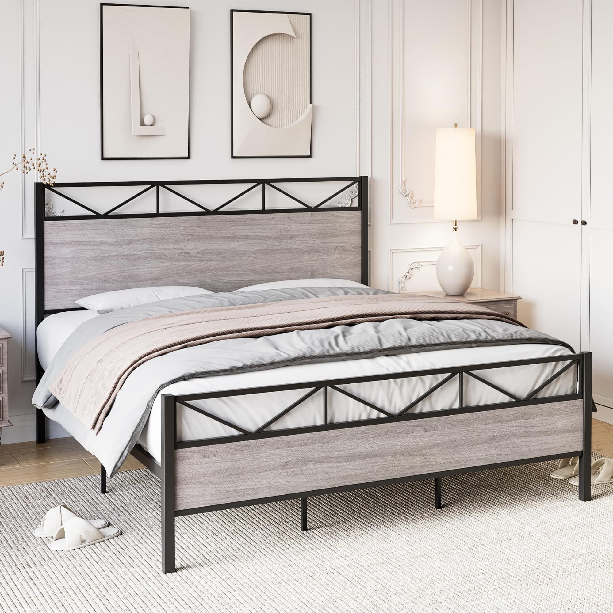 Gray Queen Size Metal and MDF Bed Frame with Headboard