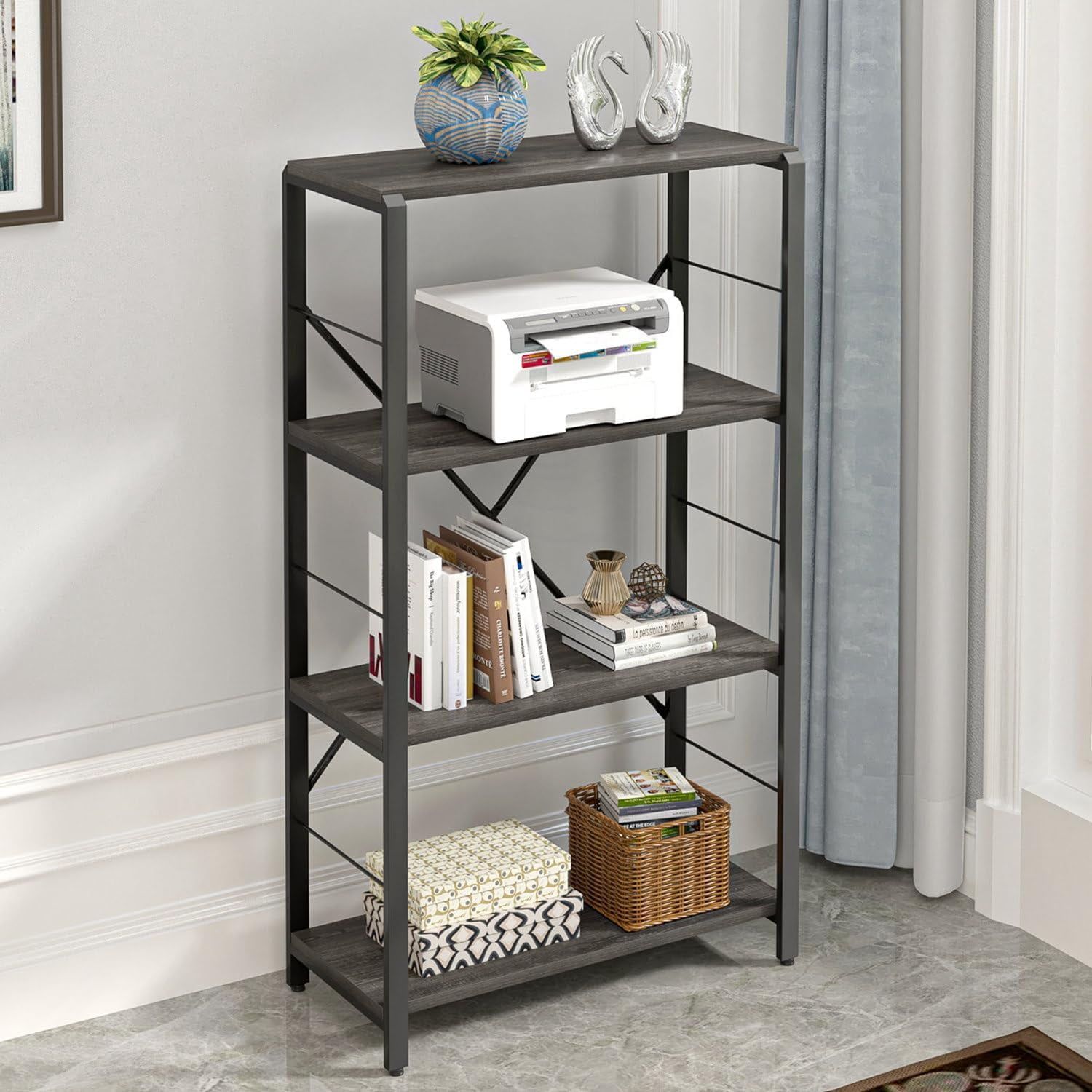 Dark Gray 4-Tier Industrial Wood and Metal Bookshelf