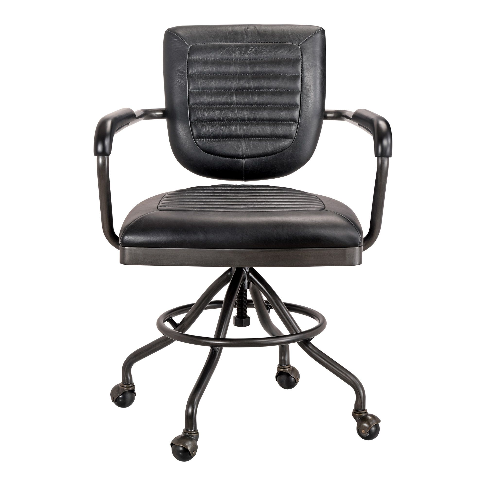 Black Top Grain Leather Swivel Desk Chair with Metal Base