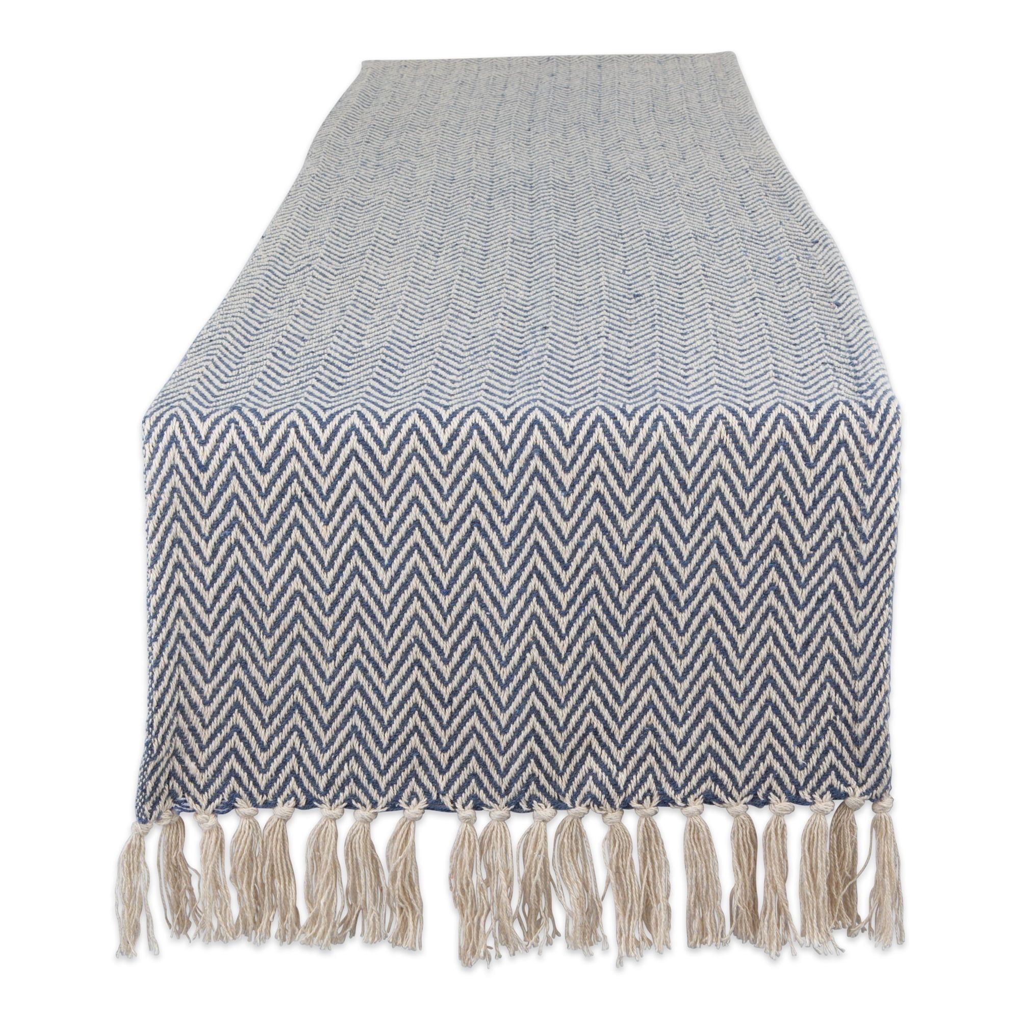 French Blue Chevron Cotton Table Runner with Fringe 15x72