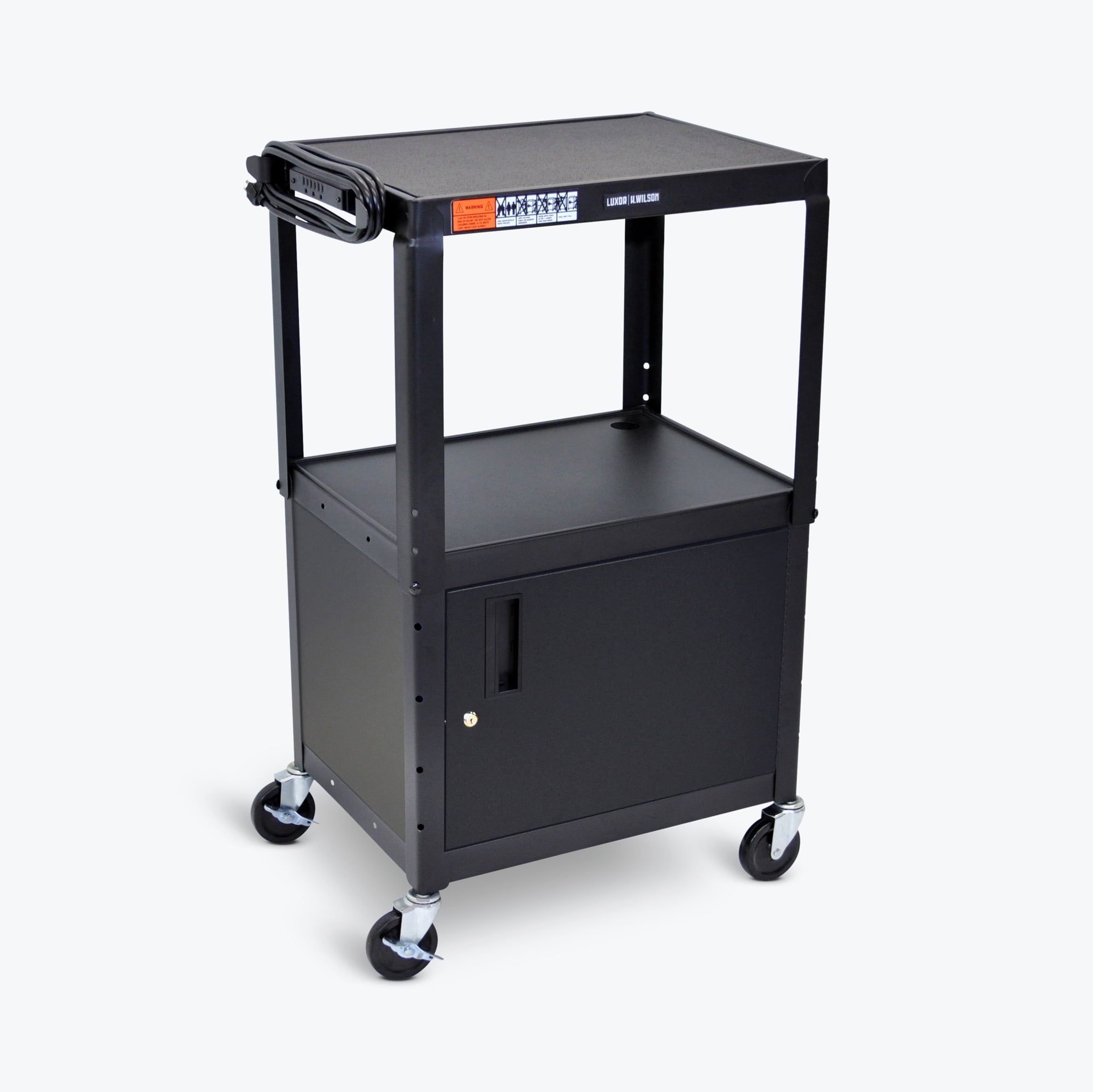 Adjustable-Height Black Alloy Steel AV Cart with Lockable Cabinet