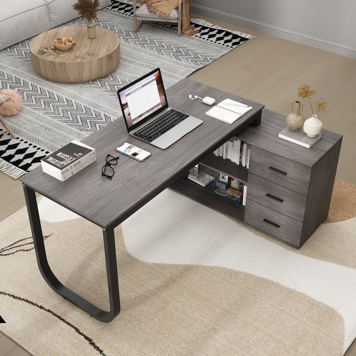 Taupe L-Shaped Executive Desk with Metal Legs and MDF Drawers