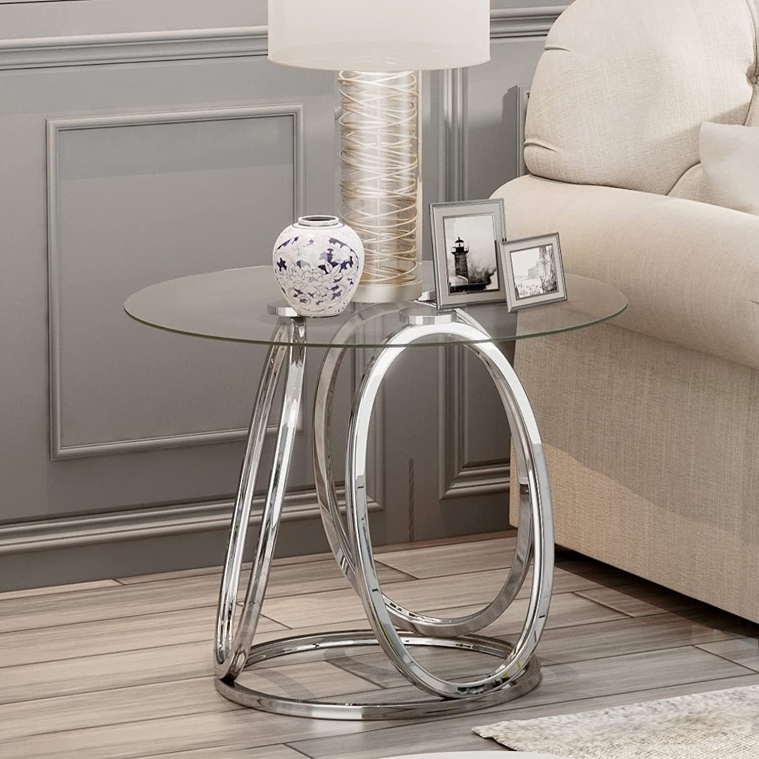 Silver Round Glass End Table with Chrome Metal Frame