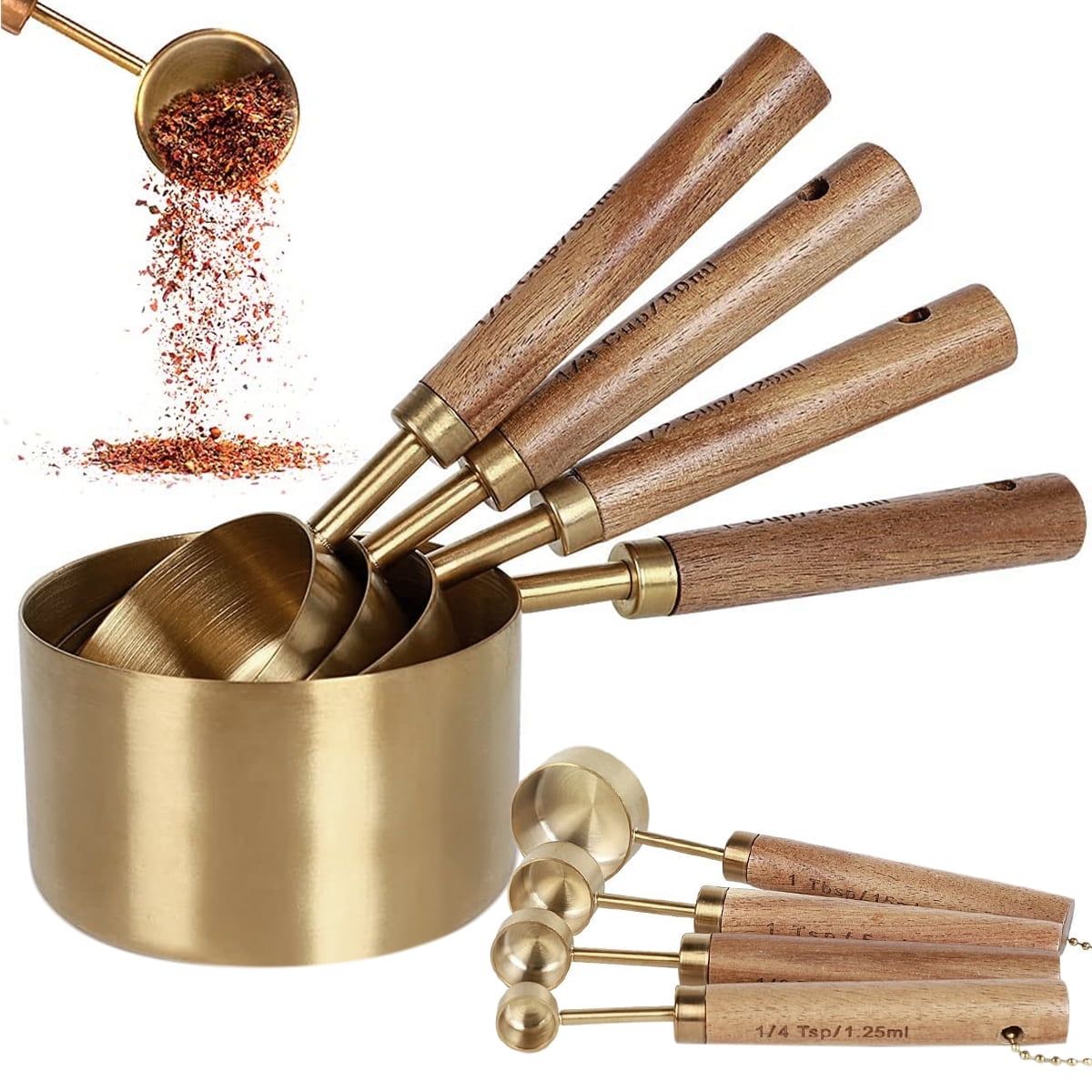 Gold Stainless Steel Measuring Cup and Spoon Set with Wooden Handles