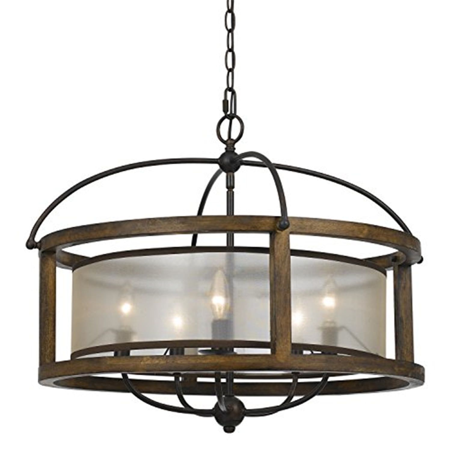 Rustic Bronze and Wood Round Cage Chandelier