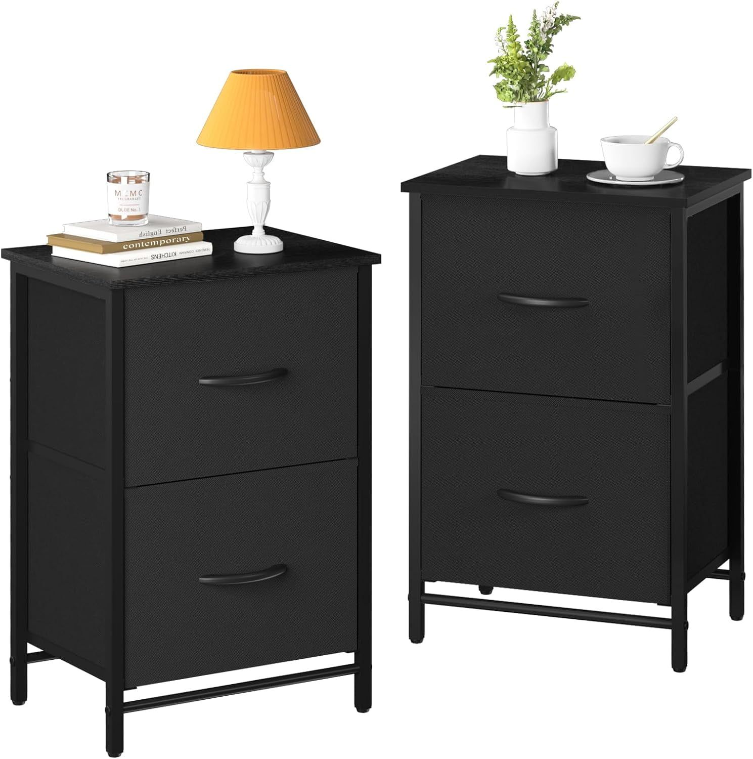 Black Fabric and Wood 2-Drawer Nightstand Set