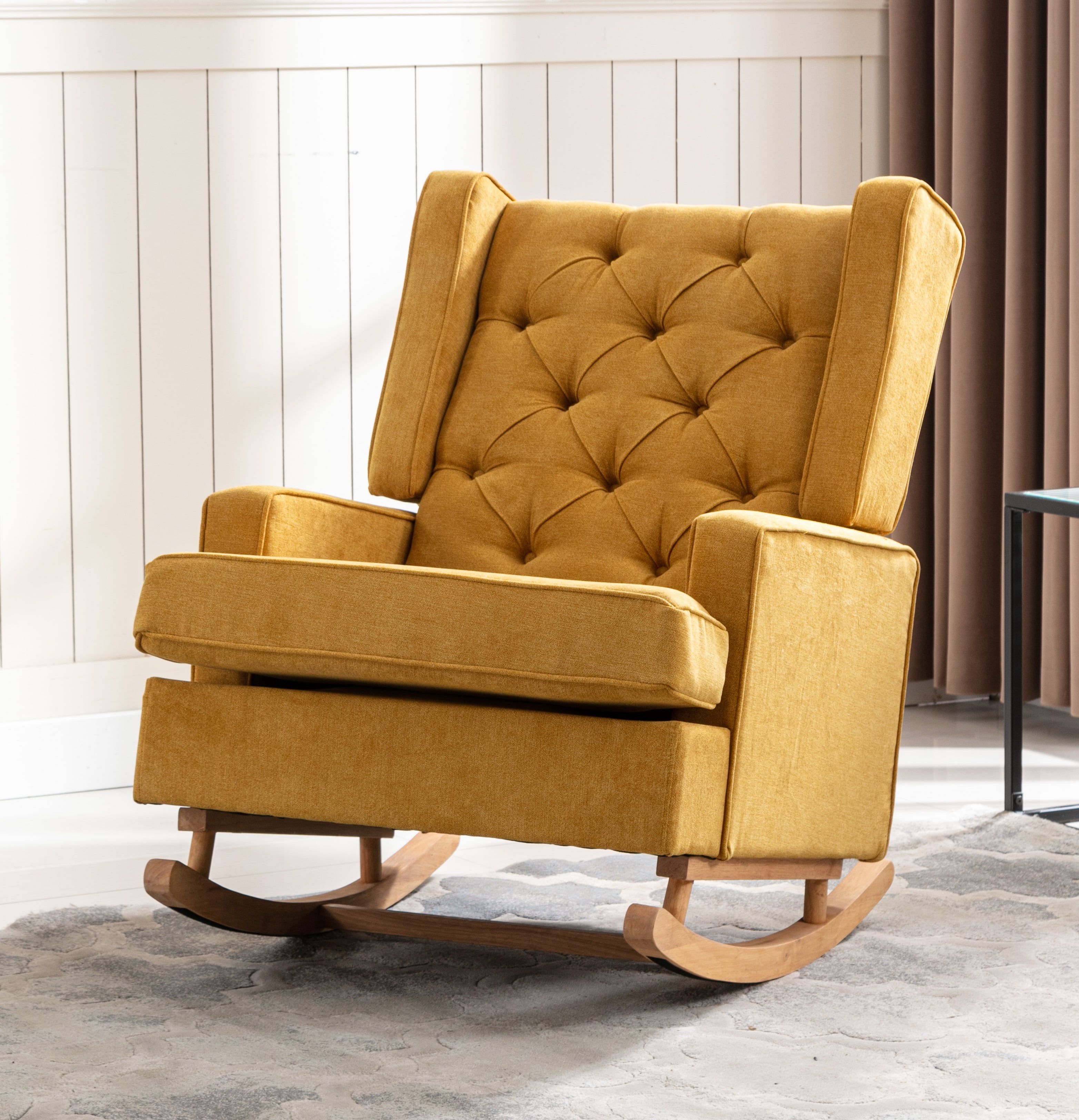 Mustard Yellow Upholstered Mid-Century Modern Rocking Chair with Wood Frame