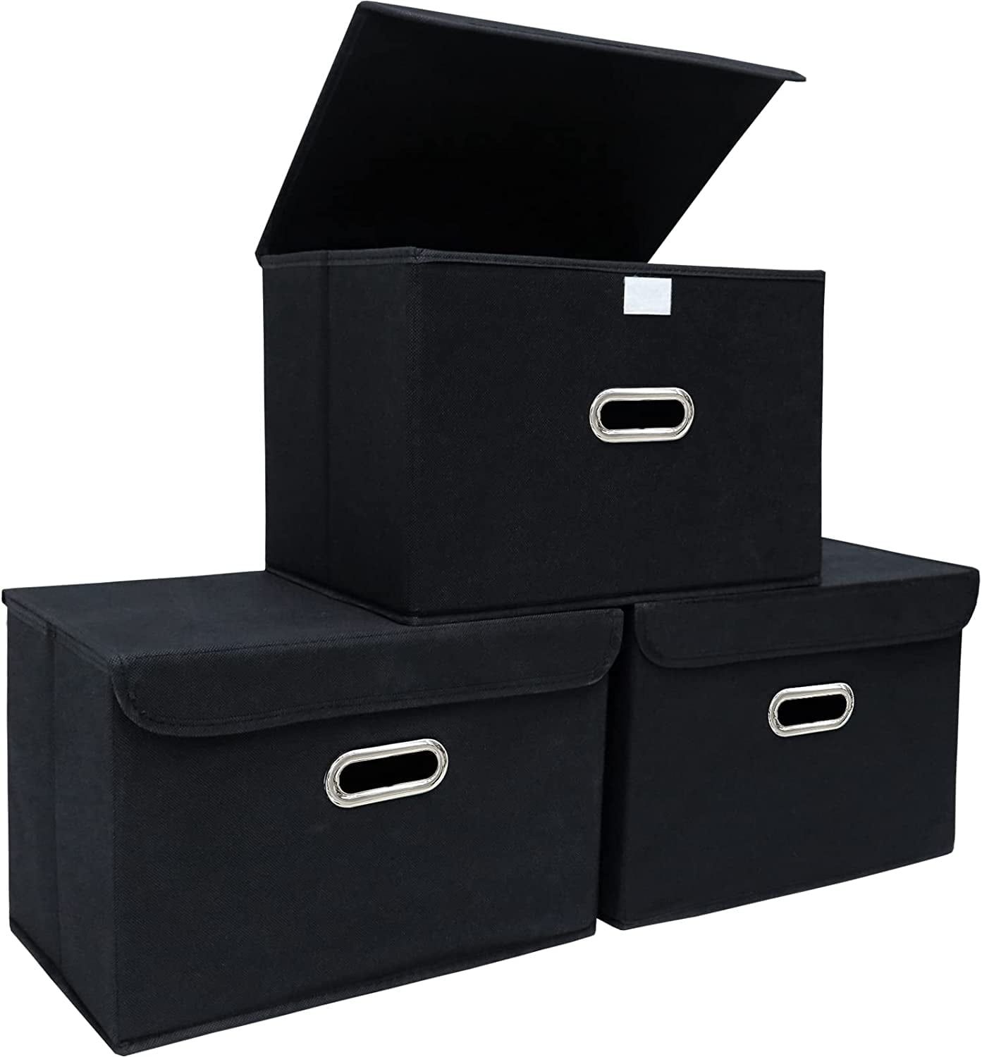 Black Fabric Foldable Storage Cube Bins with Metal Handles, Set of 3