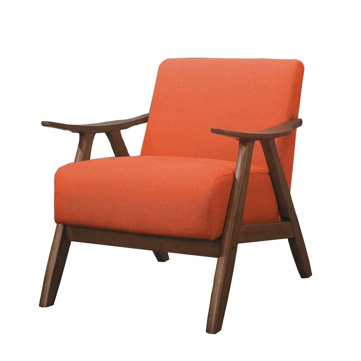 Orange Fabric Upholstered Accent Chair with Curved Wooden Armrests