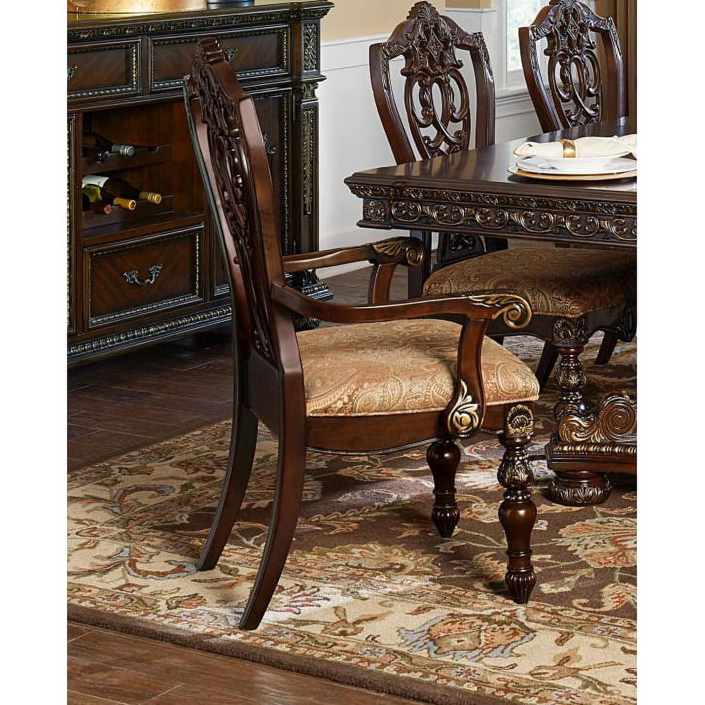 Cherry Brown Traditional Wooden Upholstered Arm Chair Set