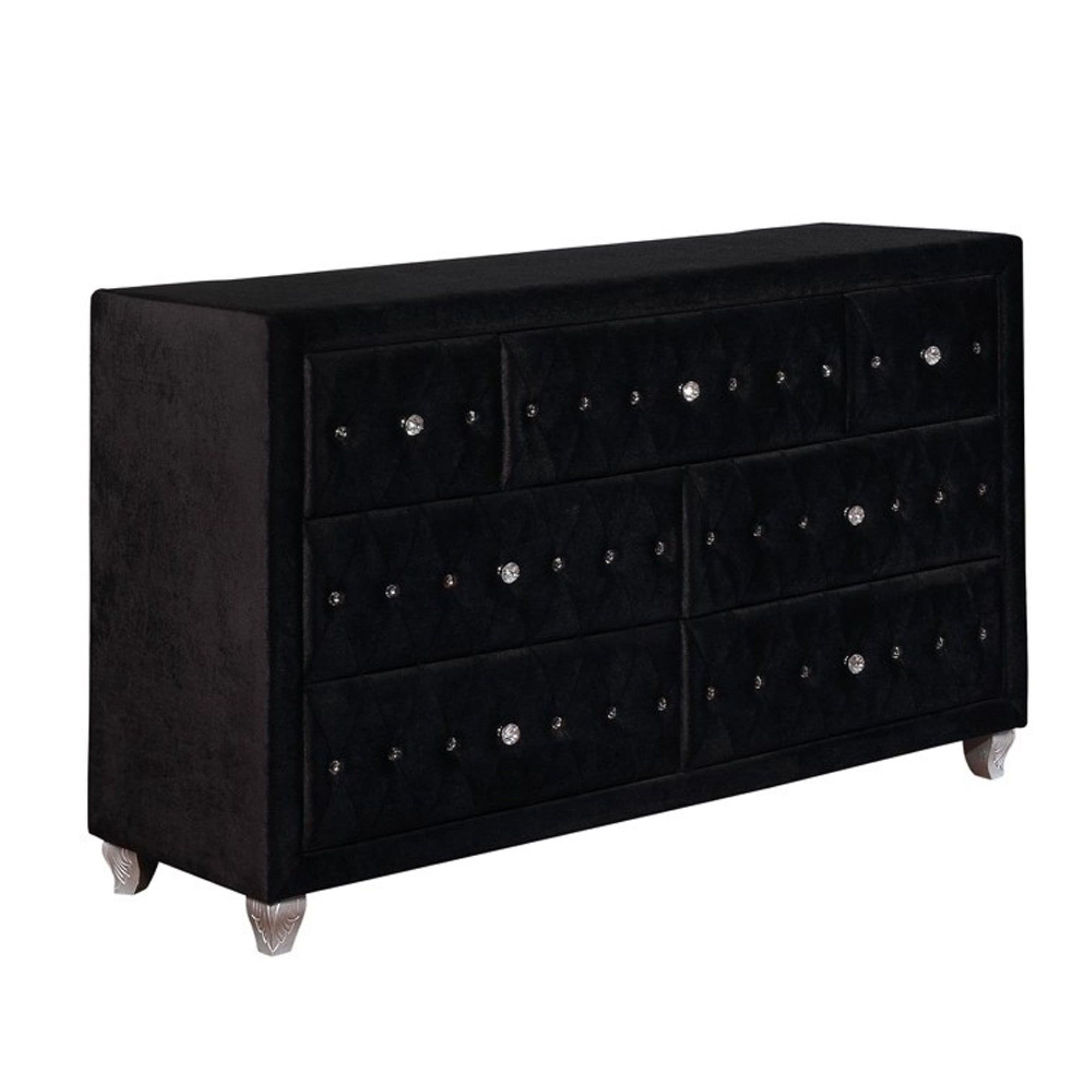 Black Velvet Upholstered Dresser with Crystal Tufted Drawers