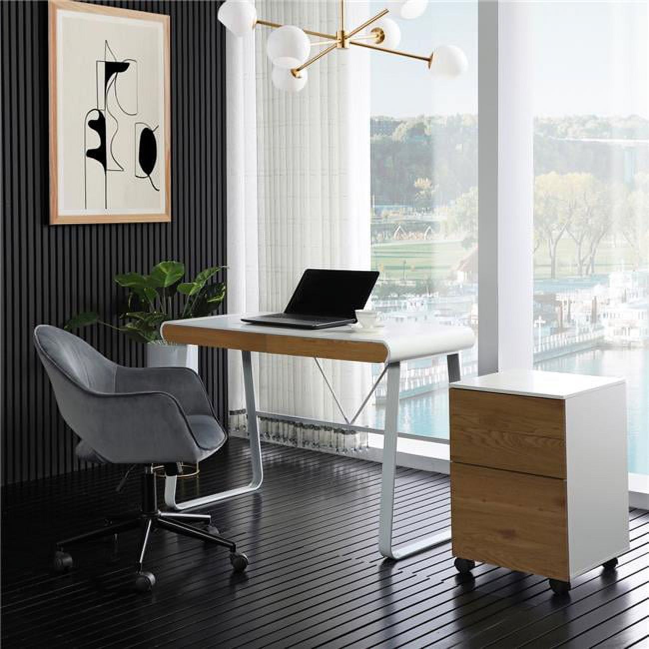 White MDF Writing Desk with Geometric Legs and Drawers