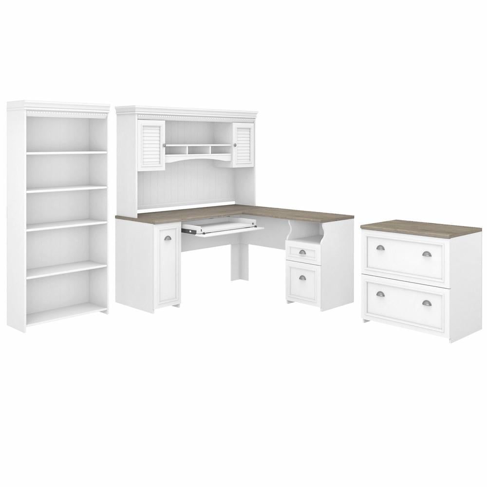 Fairview L Desk 4 Pc Set with Storage in White and Gray - Engineered Wood
