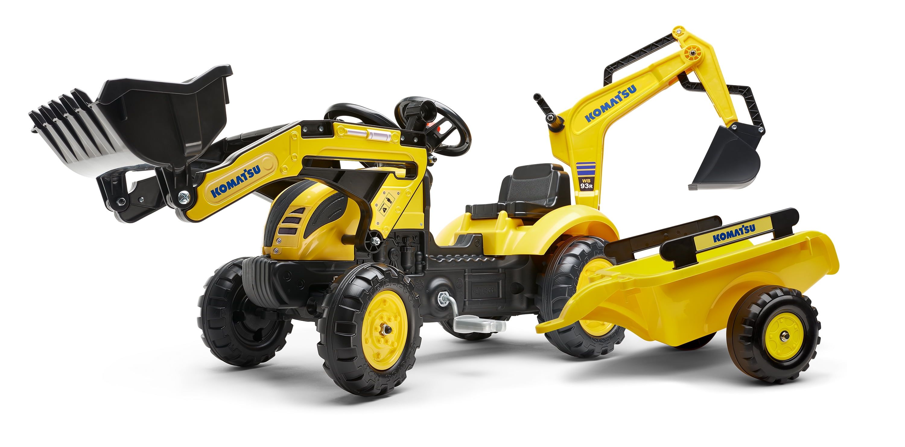 Yellow Komatsu Pedal Backhoe with Rear Excavator and Trailer